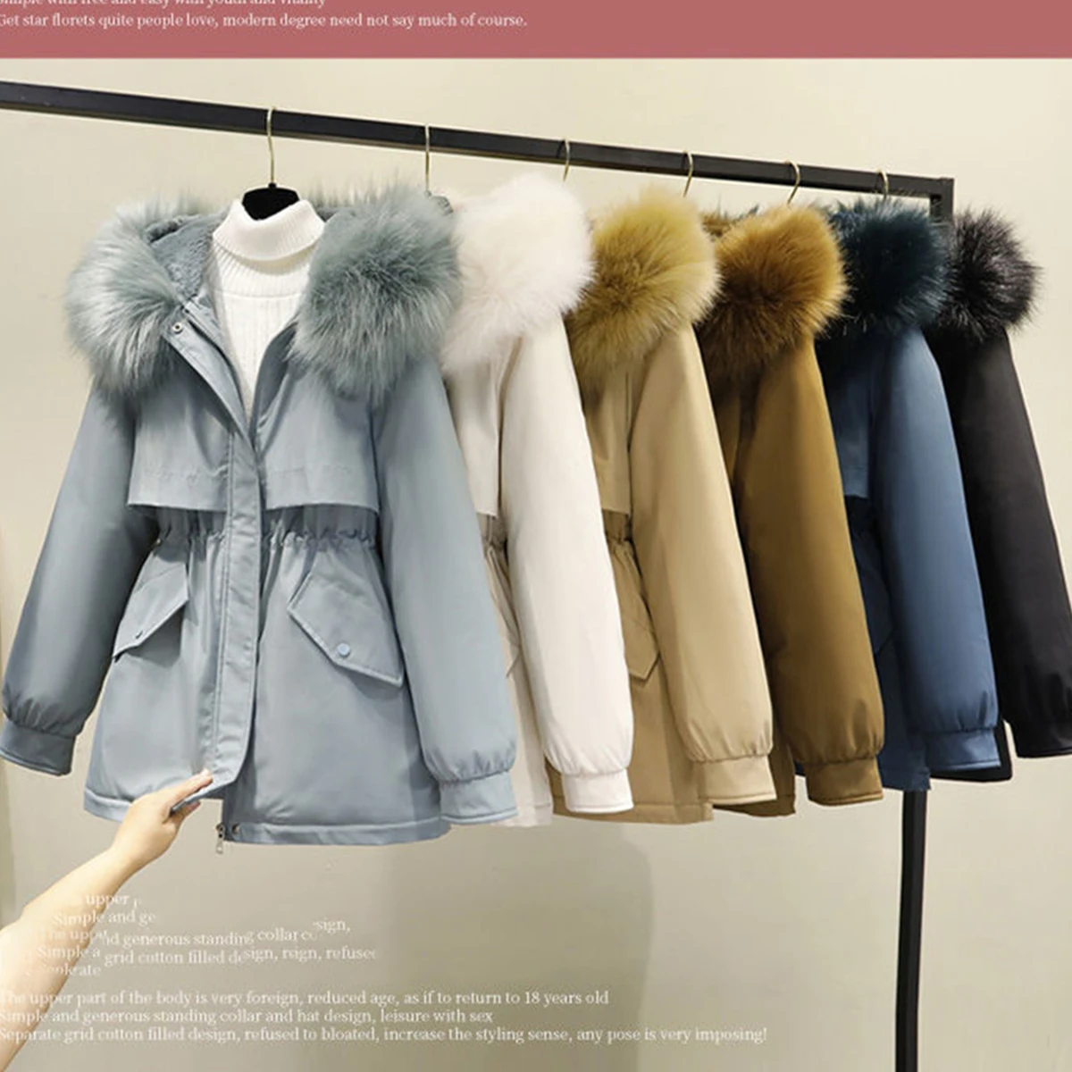 

Women Winter Fur Collar Hooded Parka Fashion Zipper Pockets Wool Liner Long Jacket Elegant Slim Warm Thick Female Padded Coats