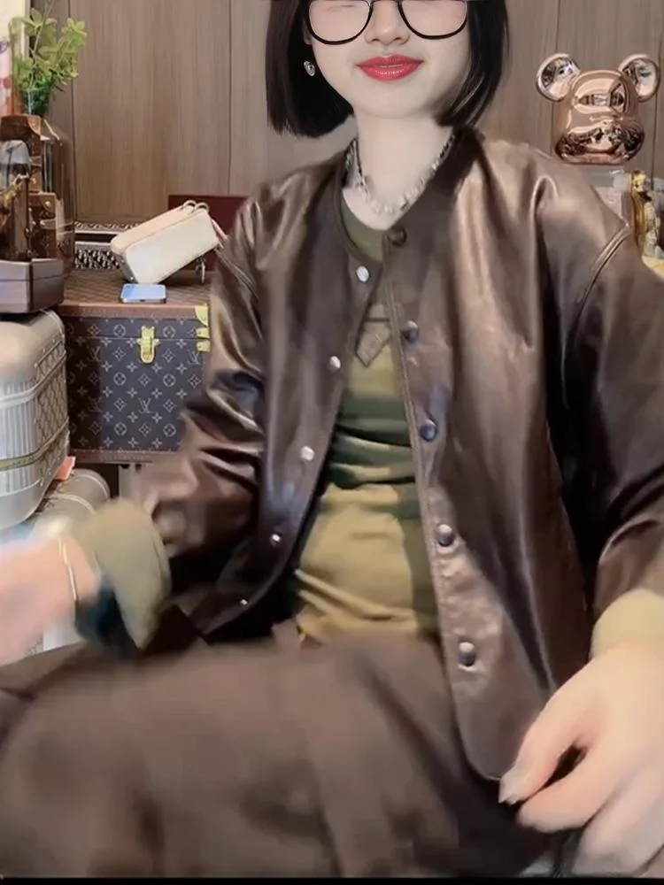 両面着用可能 イープスキン 本革 ジャケット ラウンドネック ルーズトップ 2024年秋新作 スレ タンナリーレザー オルトコート レディース