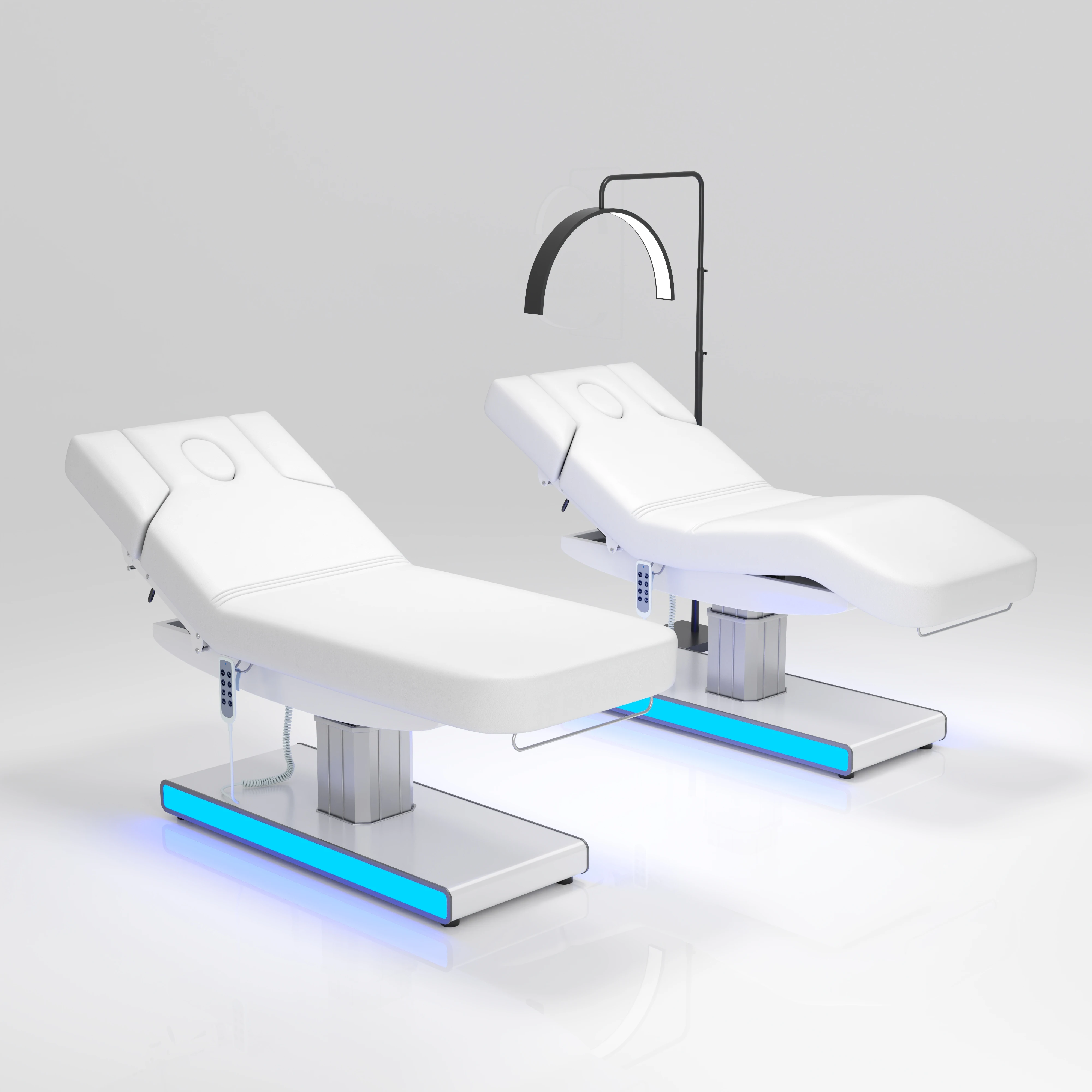 Electric Facial Bed White PU With Face Hole LED Light 3 Motors Remote Control Reclining Massage Table for Beauty Salon Tattoo Mi