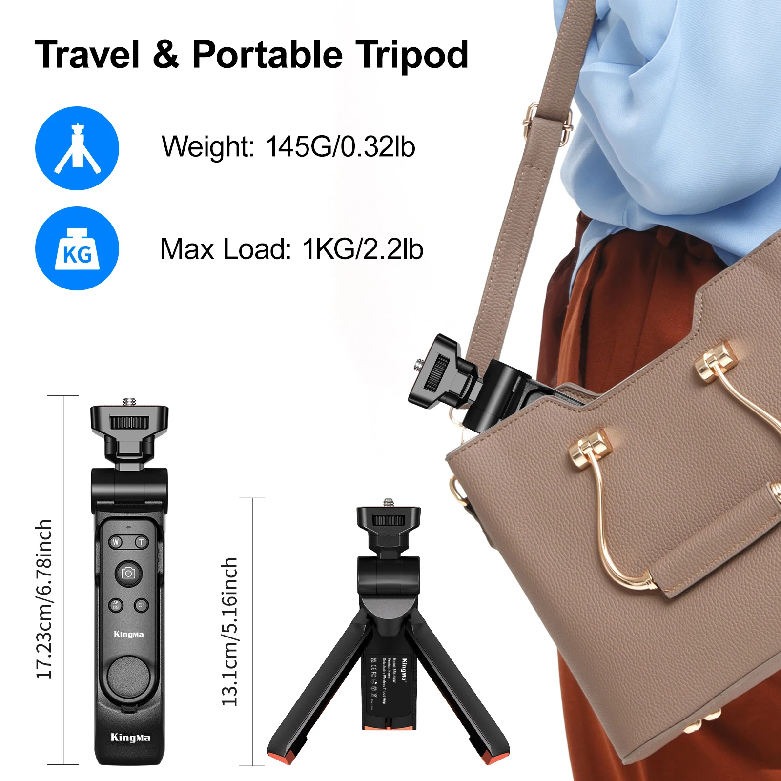 حامل ثلاثي القوائم بمقبض كاميرا بلوتوث KingMa + جهاز تحكم عن بعد قابل للفصل - مثبت Selfie/Vlog لهاتف Sony ZV-E10 Canon R5 Nikon Z30 Fujifilm XT5