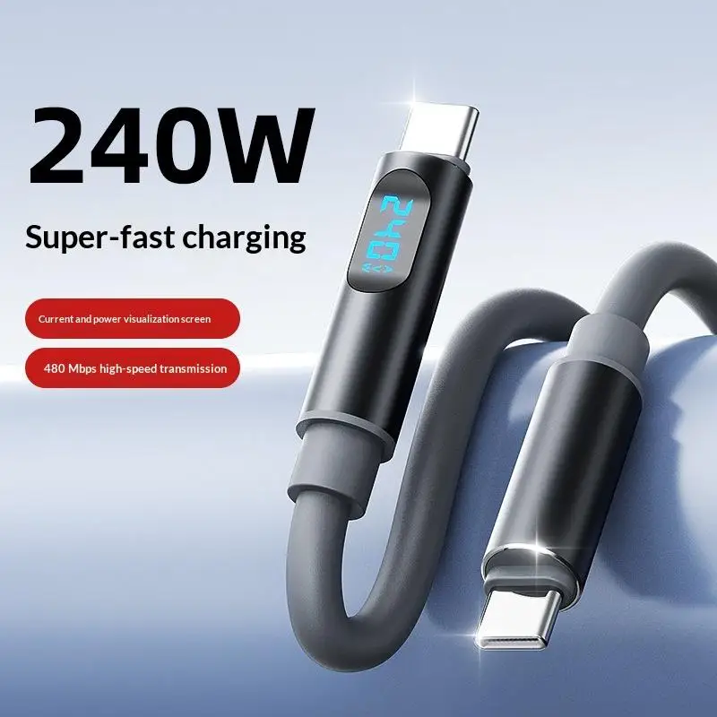 1Pcs Soft Silicone Type C Charger Cord 480Mbps 240W LED Digital Display USB C To USB C Fast Charging Cable For Laptop Phone