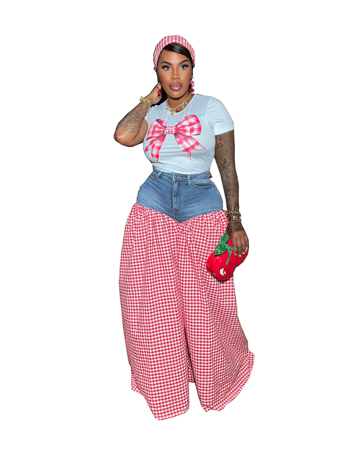 2025 verão outono moda feminina impresso camiseta emendado xadrez de cintura alta solta casual calças de perna larga conjunto de duas peças