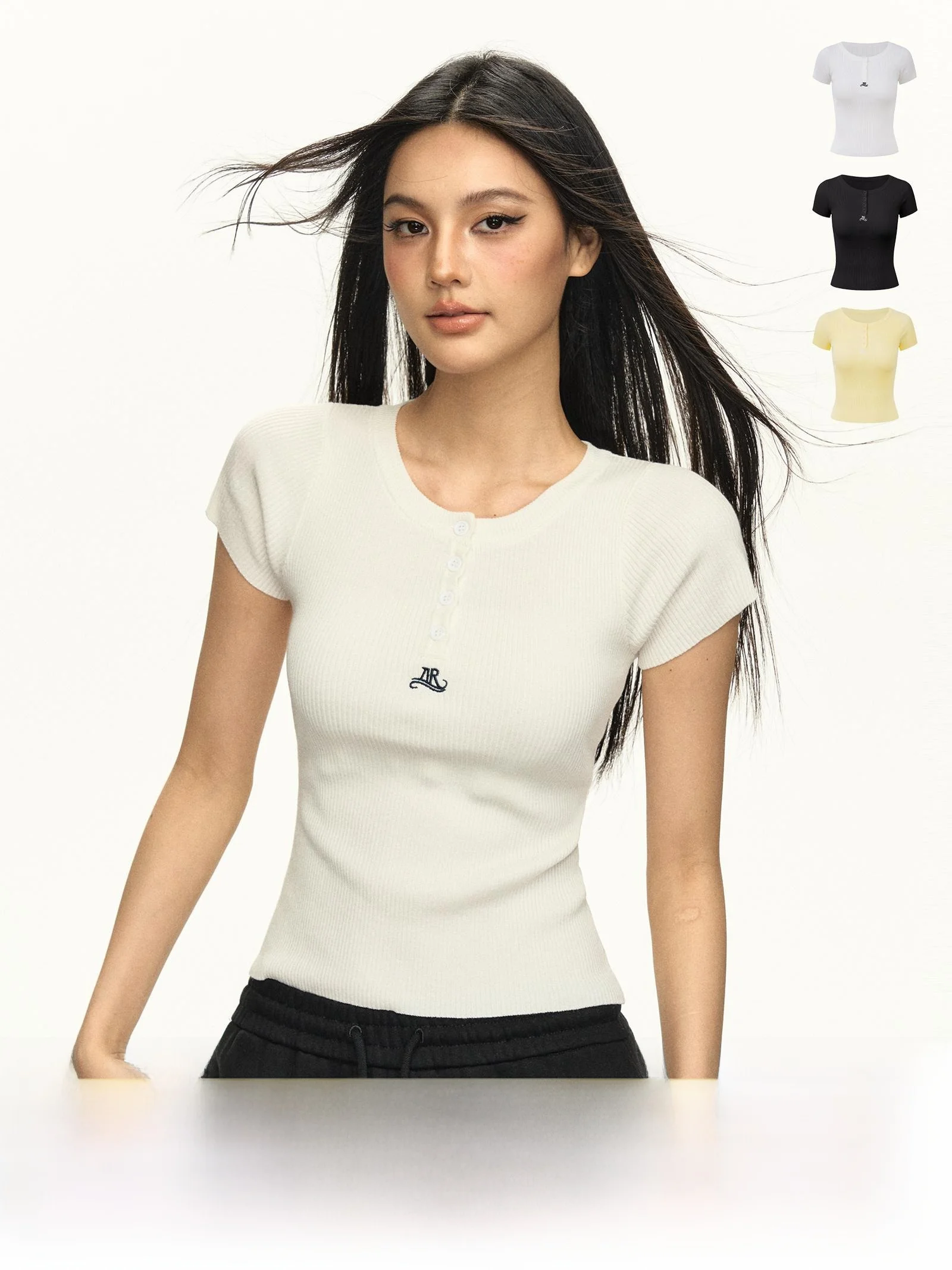 

Ariseism American Retro Henry Collar Striped Knitted ort Sve T-irt Women's Slim Fit Top Street Sle Summer New Arrival