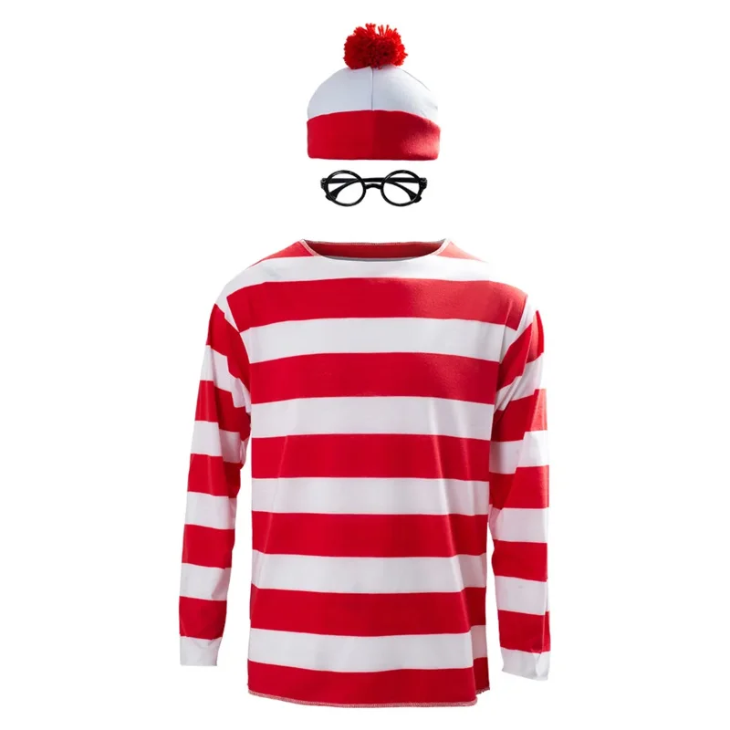 Where's Wally Waldo Now Cosplay Shirts  Red White Stripes Long Short Shirt Costume Adult Hat Glasses Fancy Dress Carnival Suit O