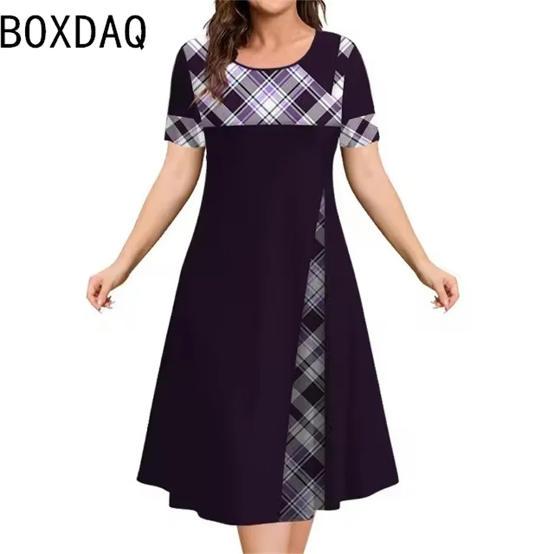 Retro Elegant Women's Dress 3XL Big Size Summer Short Sleeve O-Neck A-Line Dress 3D Vintage Grid Pattern Printed Dress Vestidos