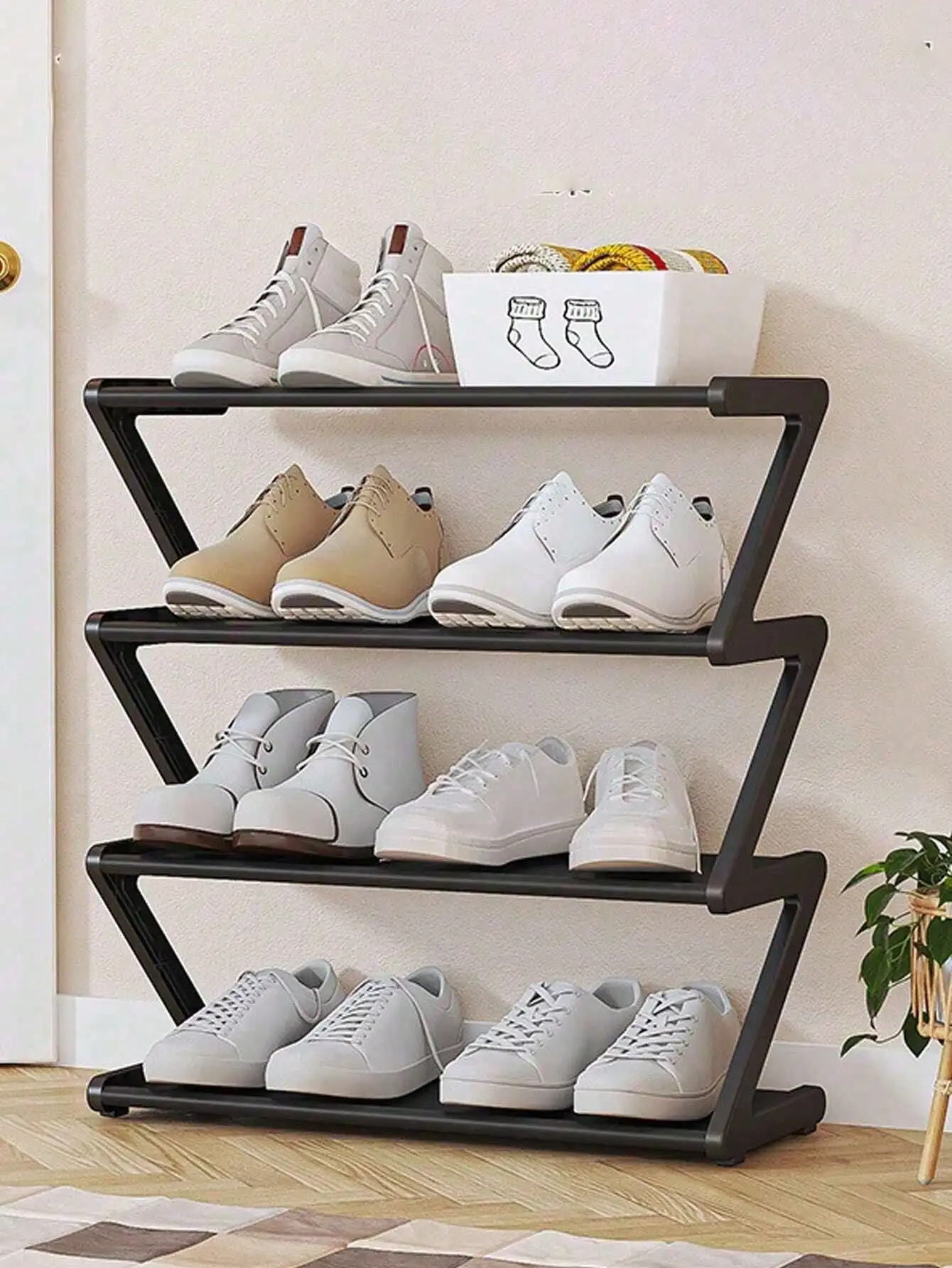 

1 Piece 4-Tier Z-Shaped Pink And Black Shoe Rack,Shoe Storage Organizer,Durable Metal Tube And Plastic Bracket,Stackable Design