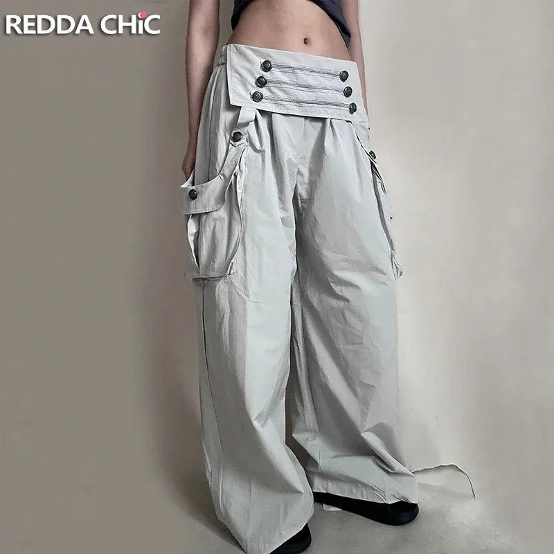 IMU REDDACHiC Pleats Wide Leg Cargo Pants Women Retro Quick Dry Elastic Waist Fold Over Palazzo Pants Steampunk Alternative Clot
