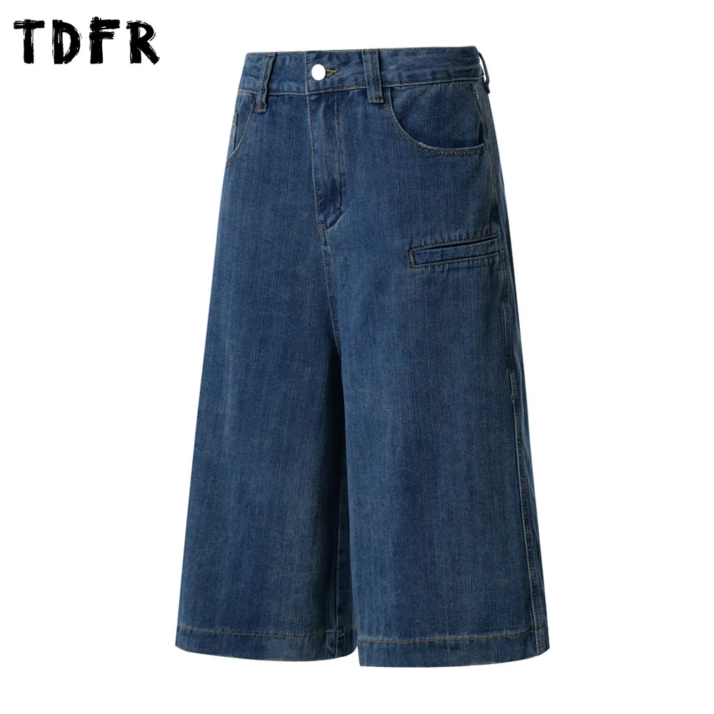 

Простые синие джинсовые шорты, мужские летние уличные шорты, свободные короткие джинсы-карго с широкими карманами, мужские полубрюки Jorts