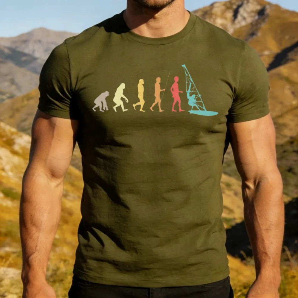 T-shirt vintage dégradé avec impression silhouette de windsurfer pour homme, tenue décontractée pour passionné de sports nautiques rétro