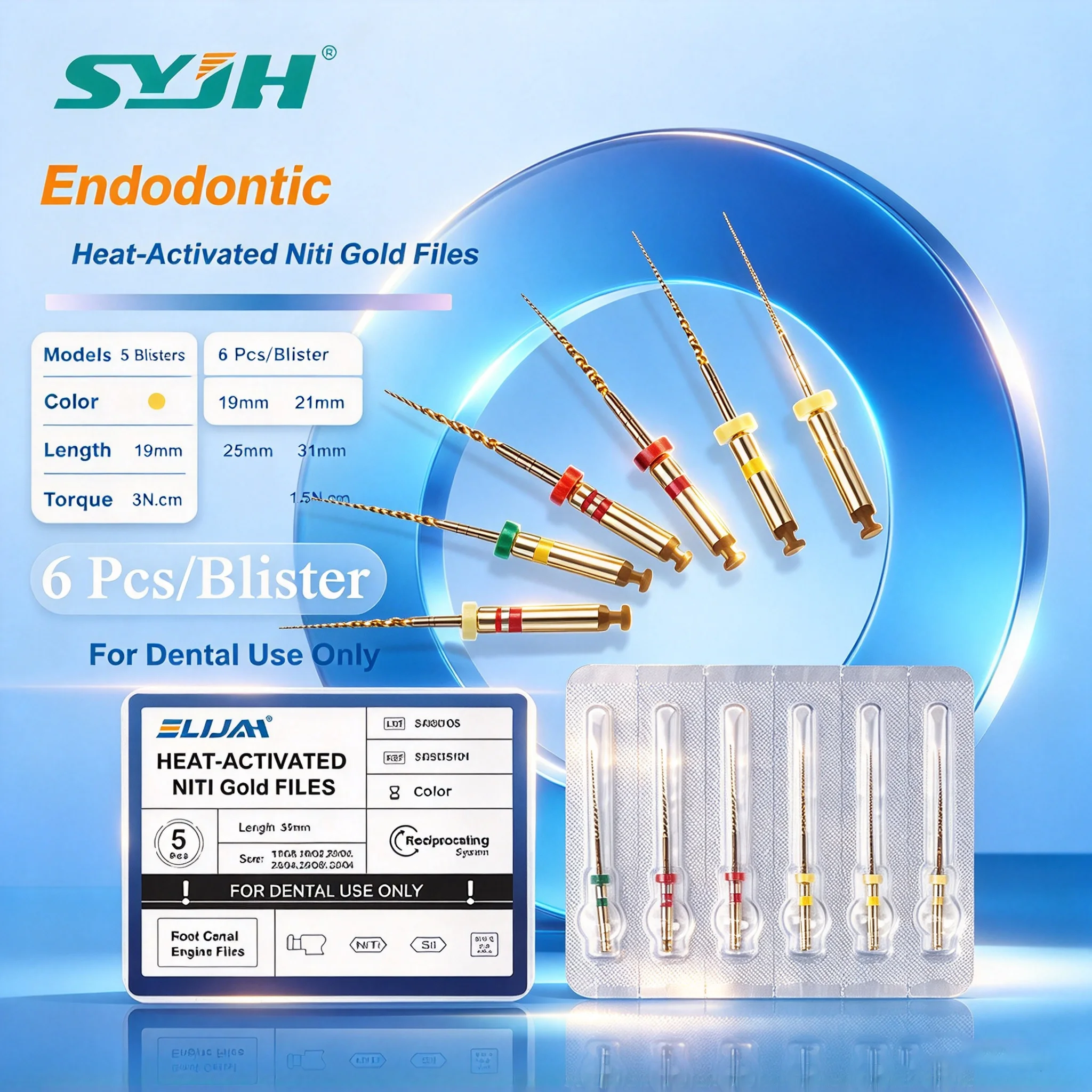 SYJH 5 Blisters Dental Endodontic Heat-Activated NiTi Root Canal Files 19/21/25/31mm Tapered Endo for Treatment Shaping Cleaning