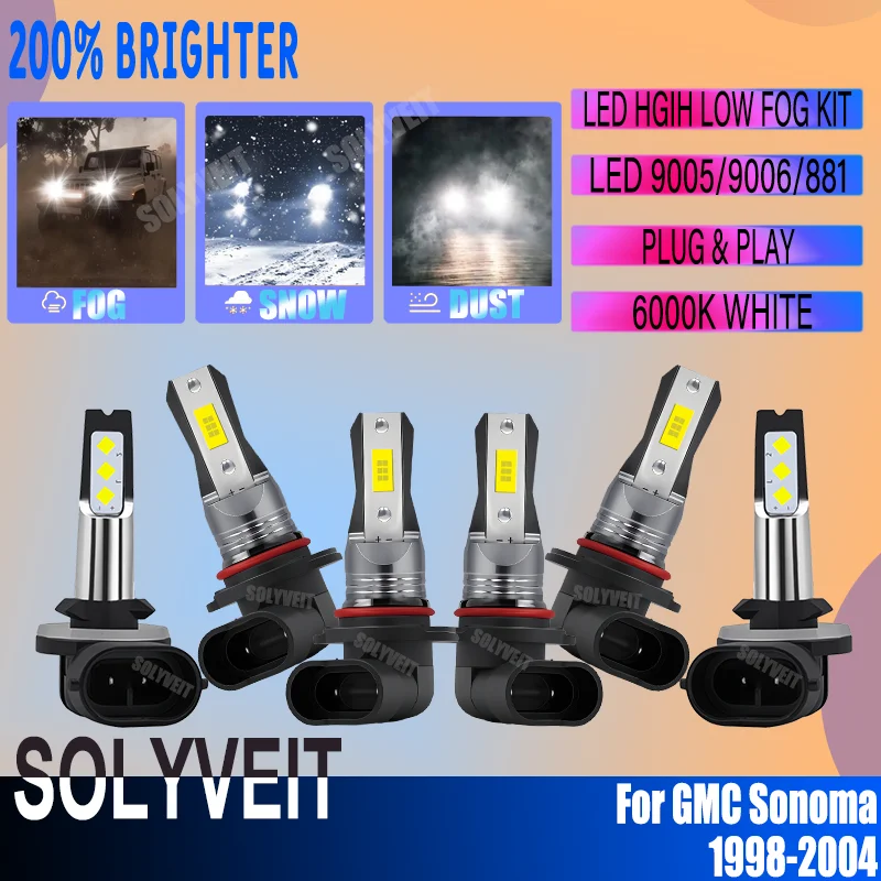

9005 9006 881 LED Auto Light Bulb Headlight High Low Fog Kit Plug and Play For GMC Sonoma 1998 1999 2000 2001 2002 2003 2004