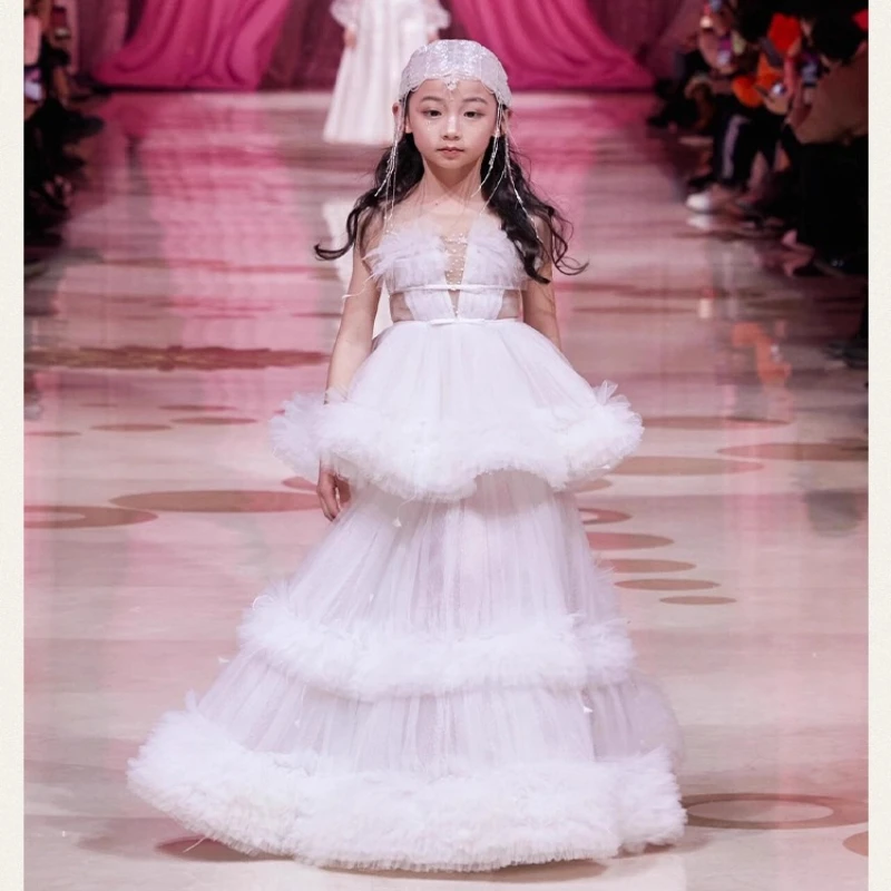 

Girls White Princess Party Dress Flower Girl Wedding Gown Children Birthday Host Piano Performance Pageant Formal Celebration