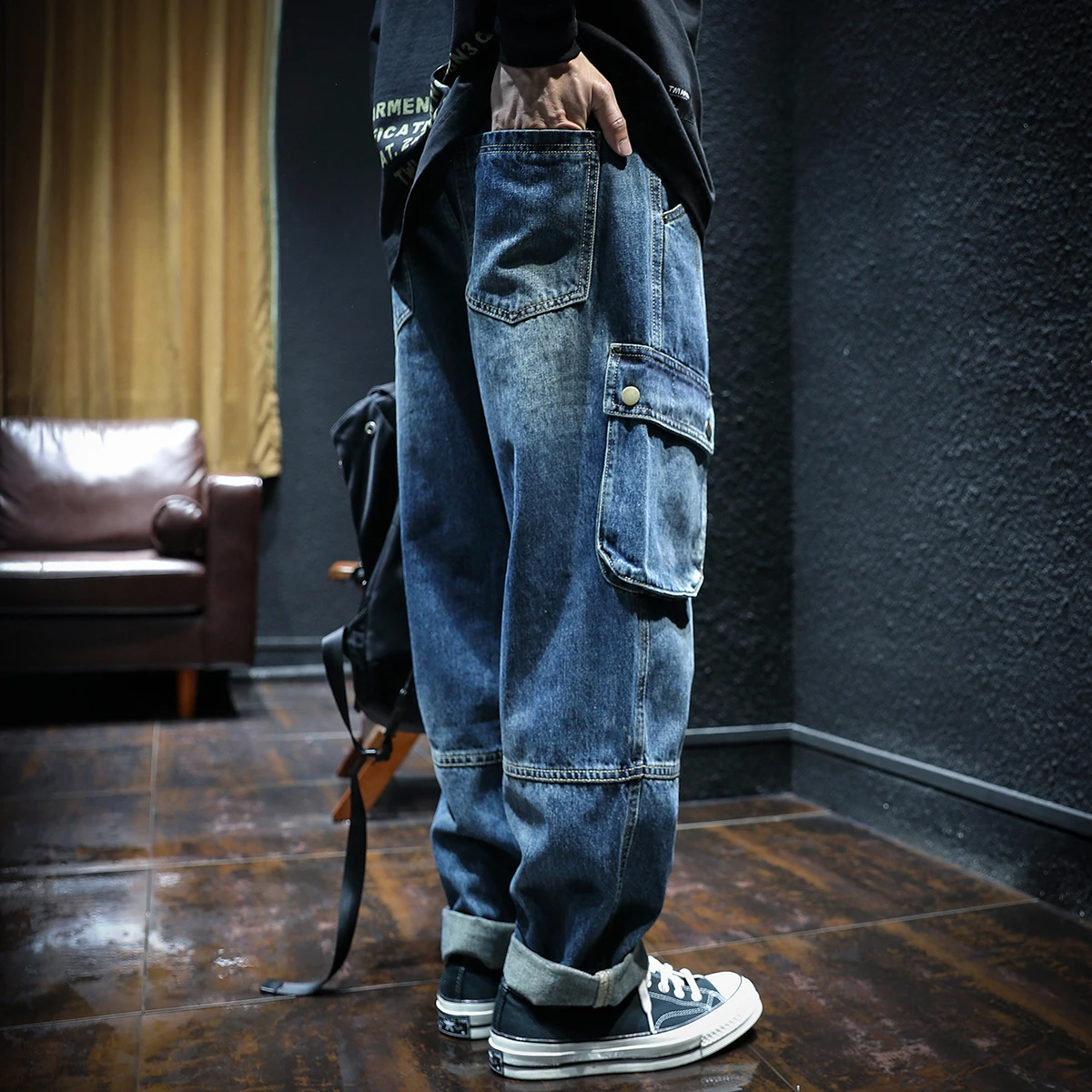 Loose Straight Leg Men's Jeans Autumn Trendy Brand INS Large Size Multi Pocket Pants Spring Autumn Style Fashion Workwear