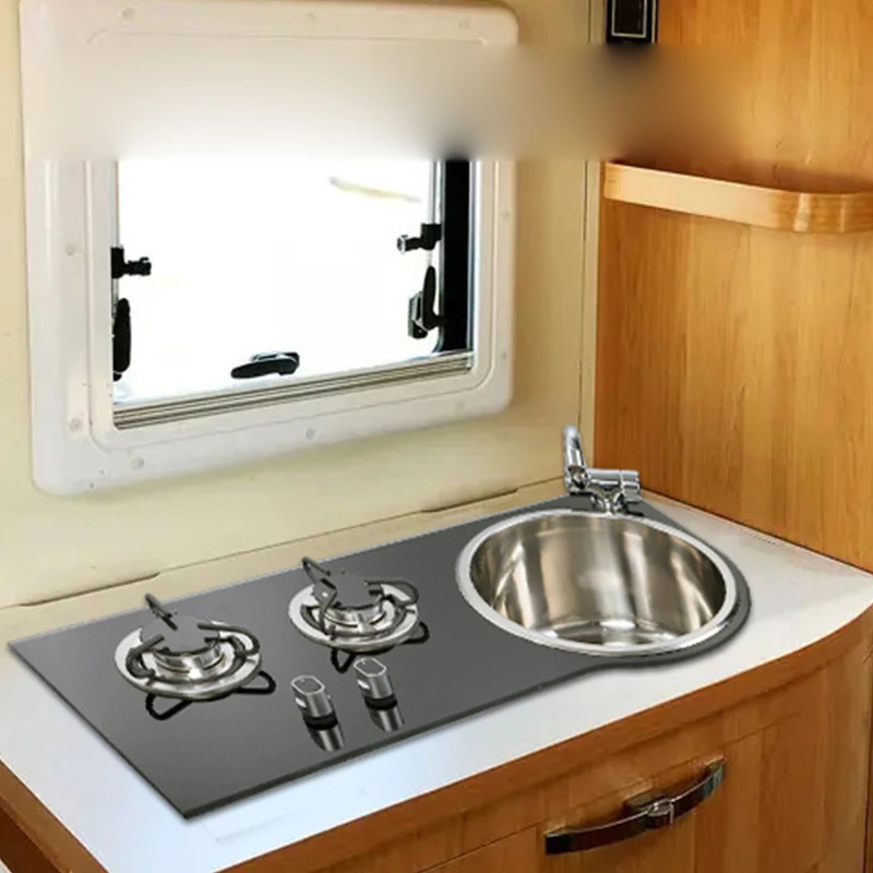 Household gas stove RV camper glass table with sink integrated stainless steel gas stove GR-B216A