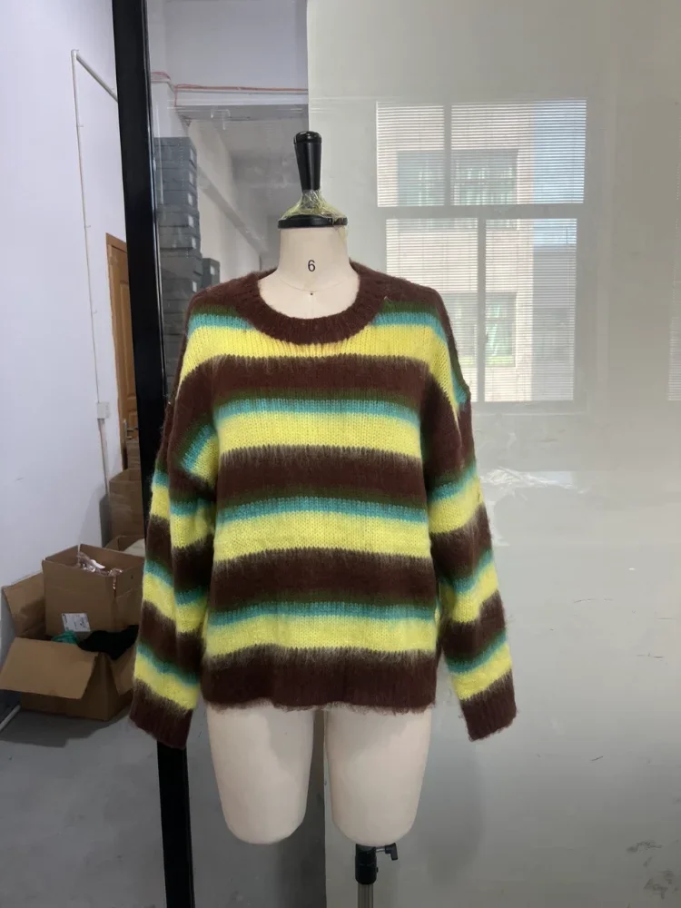 Schicker, farbenfroher gestreifter Damenpullover mit Rundhalsausschnitt, langen Ärmeln, lässiger Strickpullover, 2026 NEU Frühling, locker sitzende Damenpullover – Detail 4