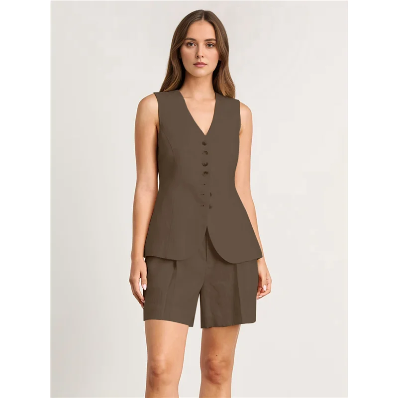 ASDS-Women's Round Neck Summer Cotton And Linen Sleeveless Slim Vest Work Casual Cotton Suit Vest Shorts Set