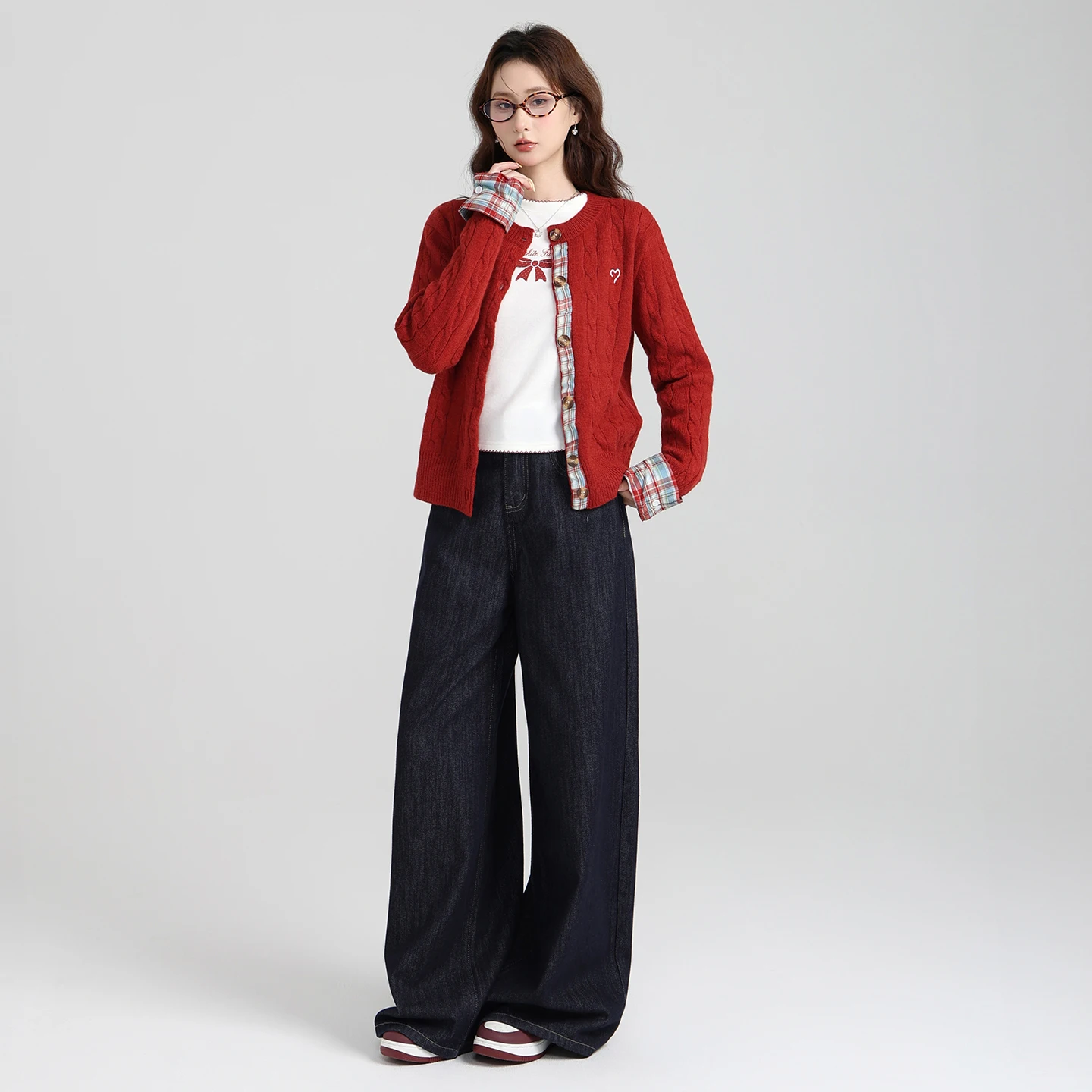 Chaqueta tipo suéter de punto a cuadros bordada con cuello redondo para mujer, Top exterior holgado para Otoño/Invierno