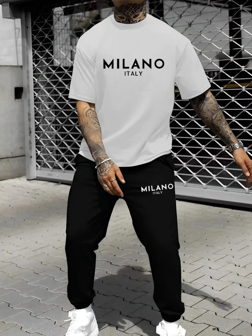 Trendy Men's Summer Letter Printed Soft Breathable Round Neck T-shirt Pants Set Outdoor Casual Clothing