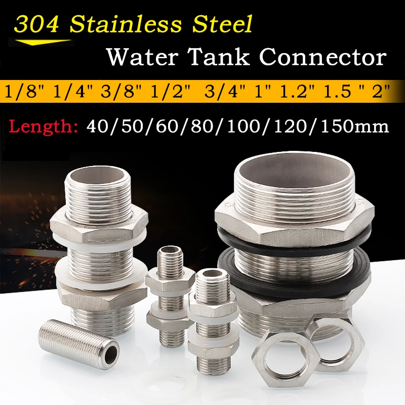 

1/8"~2" BSP Length: 40~150mm 304 Stainless Steel Full Thread Bulkhead Lock Pipe Fitting Connector For Water Tank Aquarium