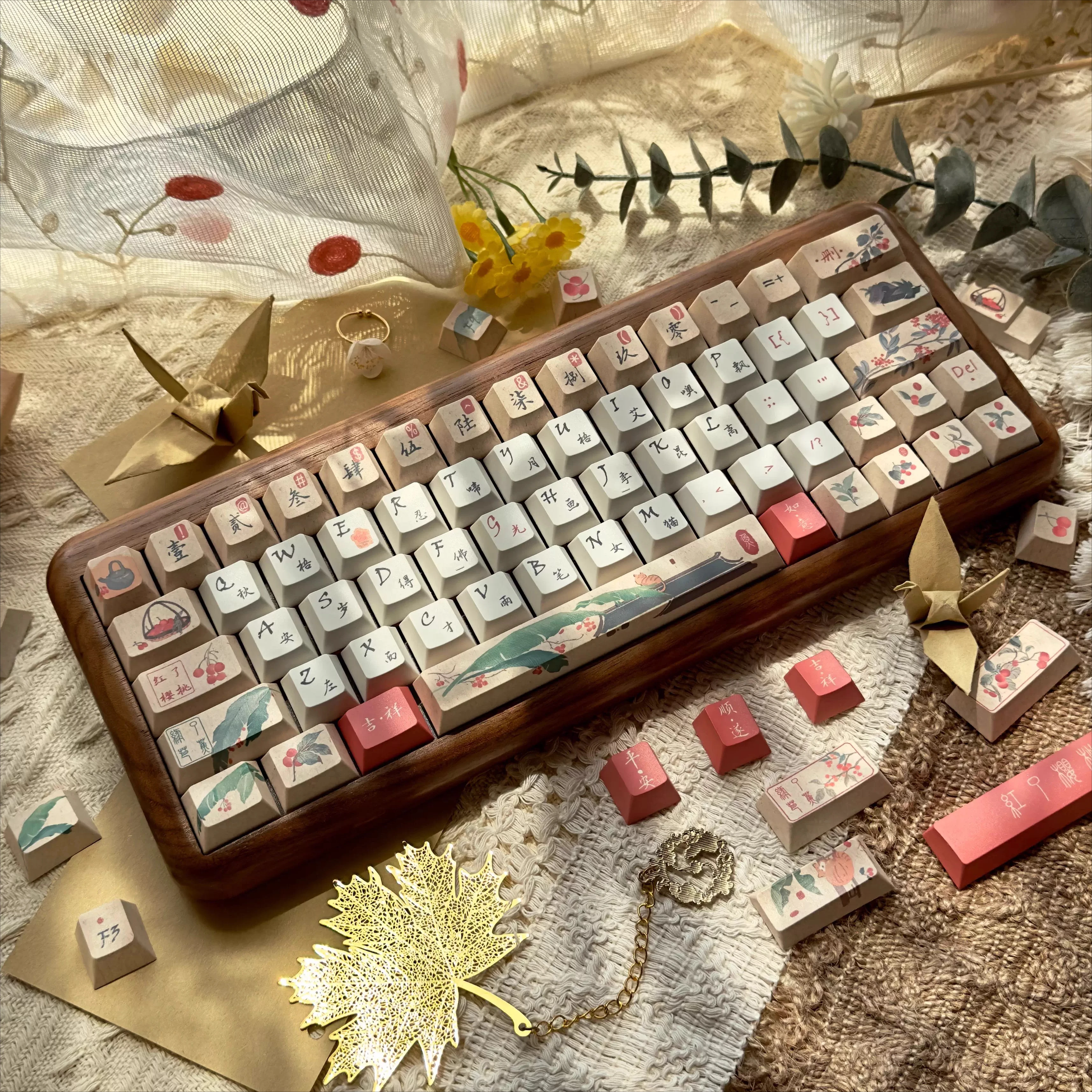 

Red cherry green plantain keycap, national style keycap, five-sided hot sublimation, original height