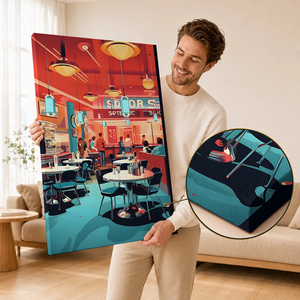Retro Diner Art Framed Canvas Print Posters Bold Graphic Style Wall Decor With Personalized Photo For Restaurant Ideal Host Gift