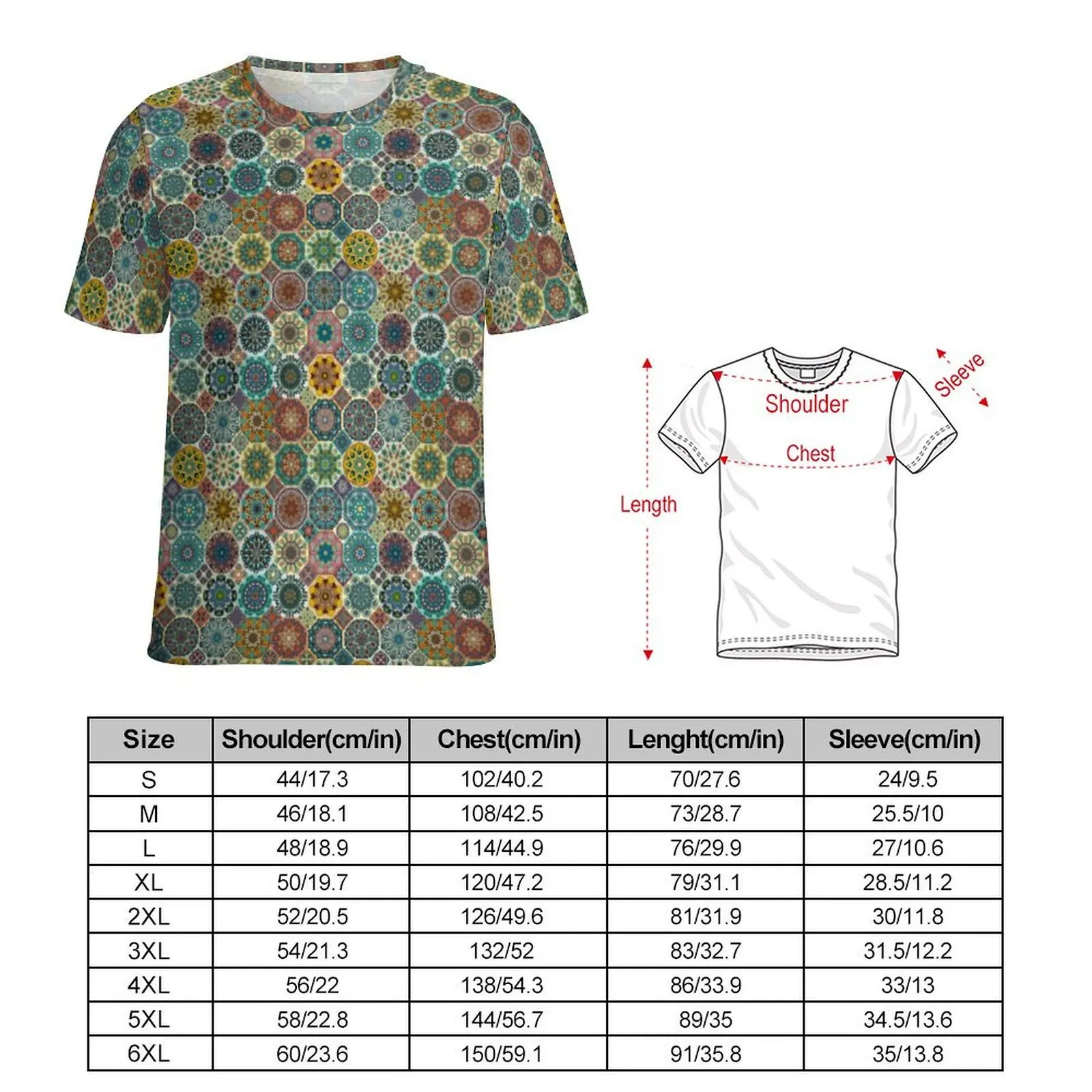 Vintage Floral Print T Shirt Abstract Tile Retro T-Shirts Men Street Style Tshirt Original Short Sleeve Clothing Plus Size 5XL