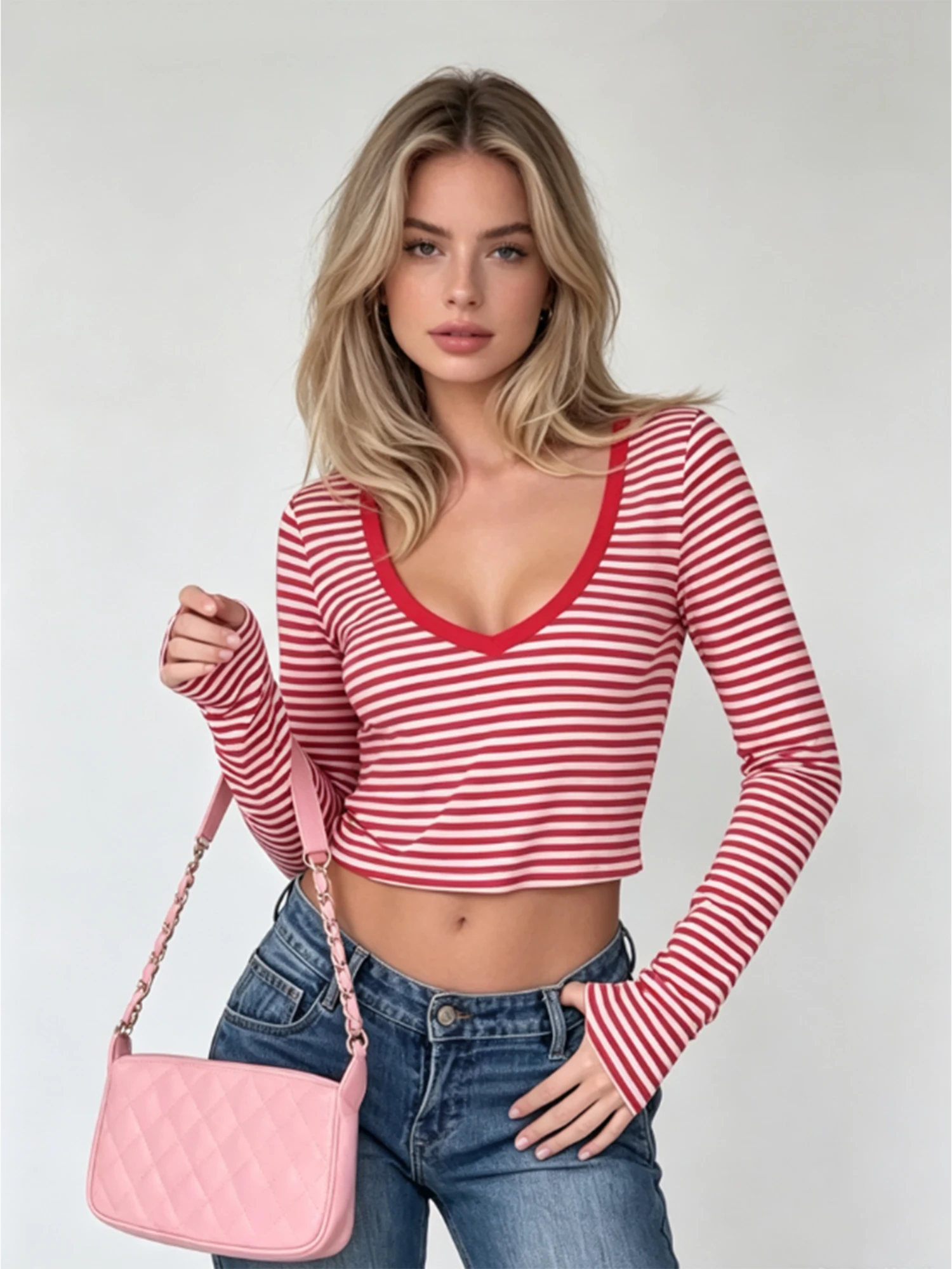 Women Red Striped T-shirt Y2K Gyaru Vintage Fashion Casual Korean style T-shirt Long Sleeve Basic Tee Top for Women Autumn 2026