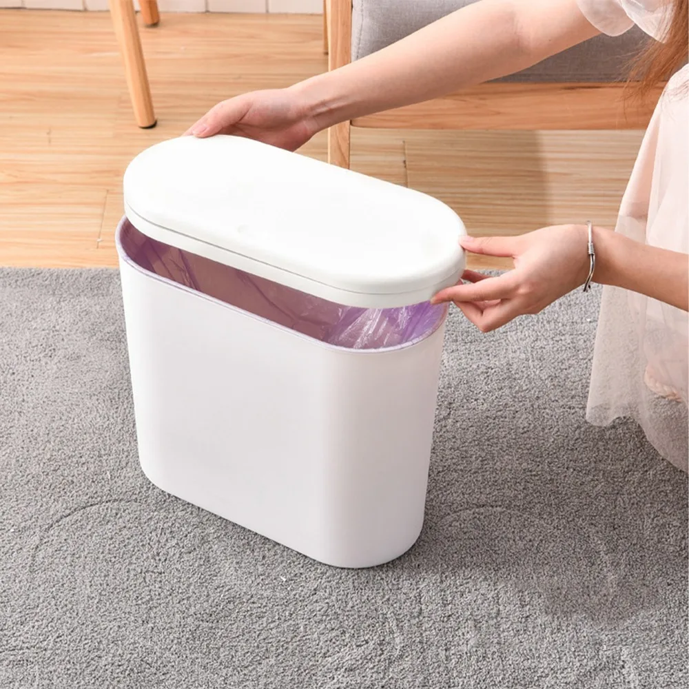 Press Open Lid Narrow Garbage Can Slim Profile Rectangular Shape Rectangular Wastebasket Cream White Press Top Trash Can