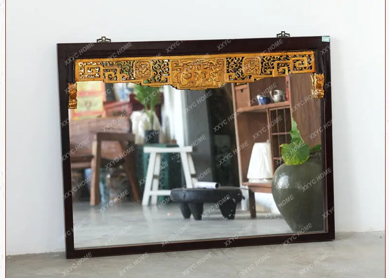 Chinese classical solid wood engraving mirror gold-painted character engraving retro decorative mirror