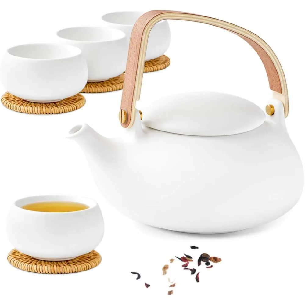 

Modern Tea Set 27oz Ceramic Teapot with Fine Stainer and 4 Cups Loose Leaf Tea Steeper Wood Handle Matte Teapots Hot Tea Brewer