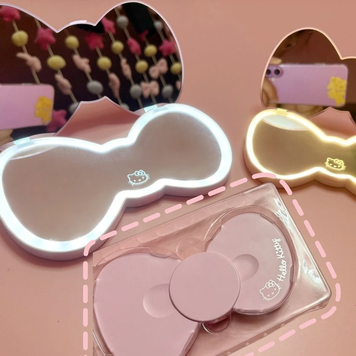 Kawaii Sanrio My Melody LED Mirror Butterfly Shape 3 Color Stepless Dimming Rechargeable HelloKitty Cute Portable Home Gifts