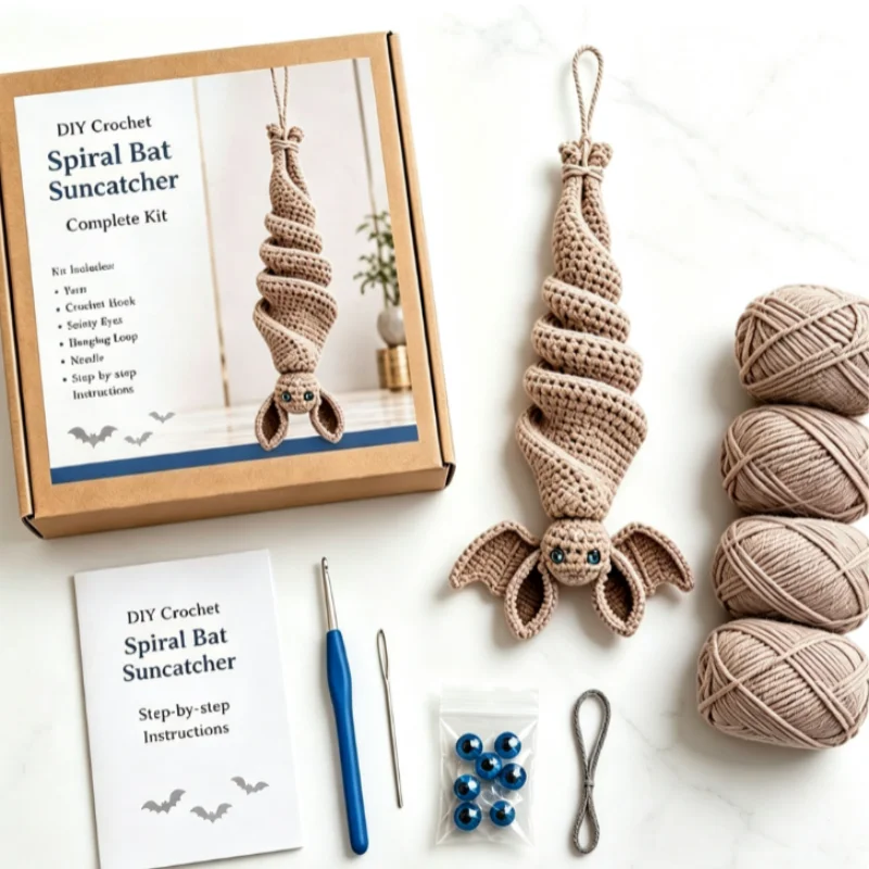 Crochet Bat Wind Spinner DIY Kit Beginner Friendly Spiral Knitted Halloween Bat Craft Hanging Ornament Spooky Home Decoration