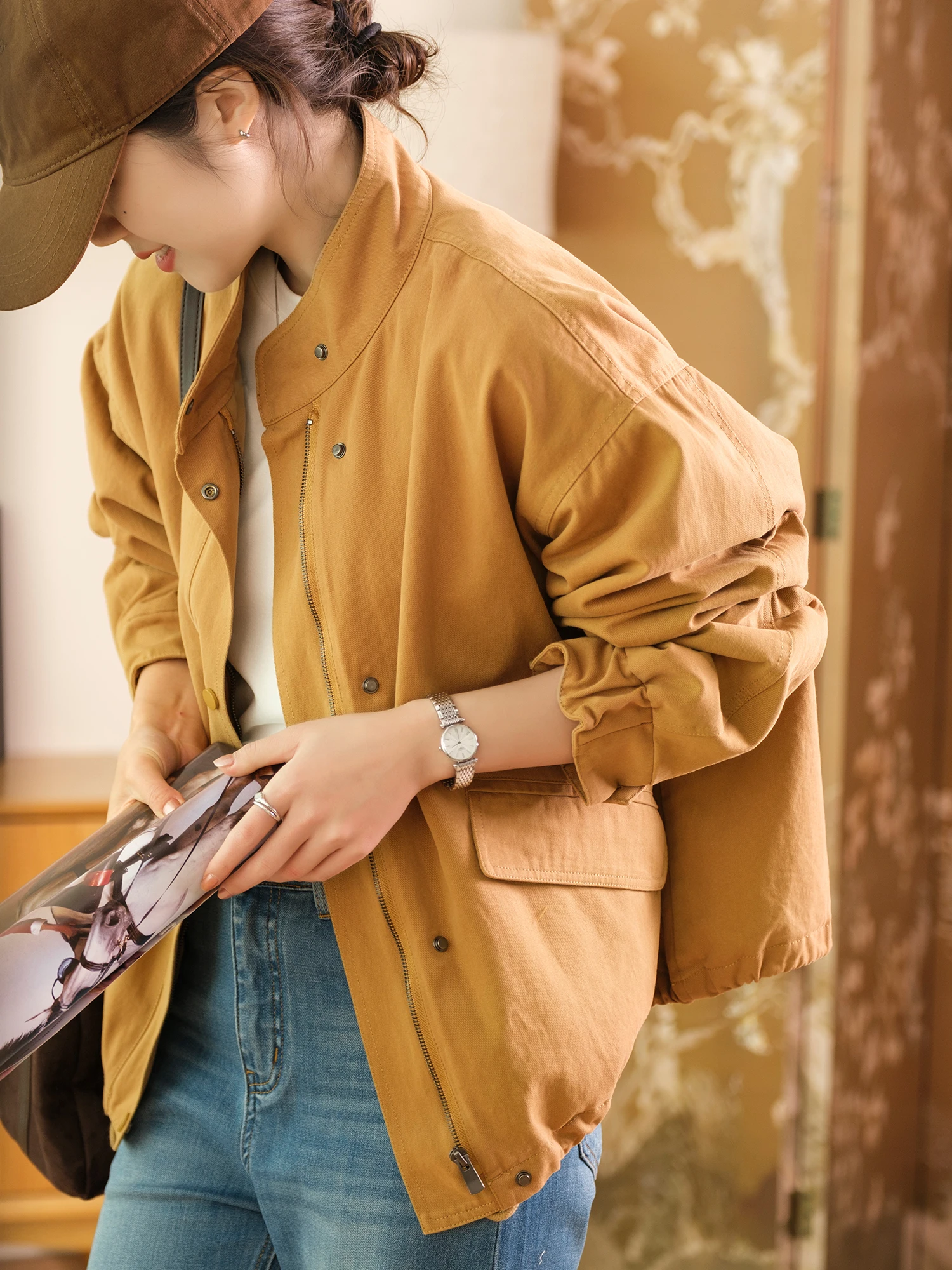 

Women's Short Jacket Coat Artistic Style Loose Fit Cotton 100% Slanted Pattern Combed Cotton Stand Collar Hidden Button