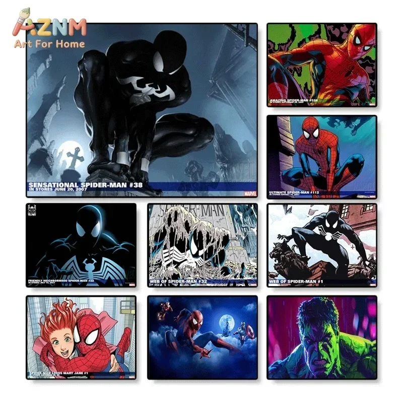 Black Symbiote Spider Man Canvas Wall Art Set 9PCS Vintage Marvel Comic Poster Spider-Man Venom Style Hulk Print Boys Bedroom