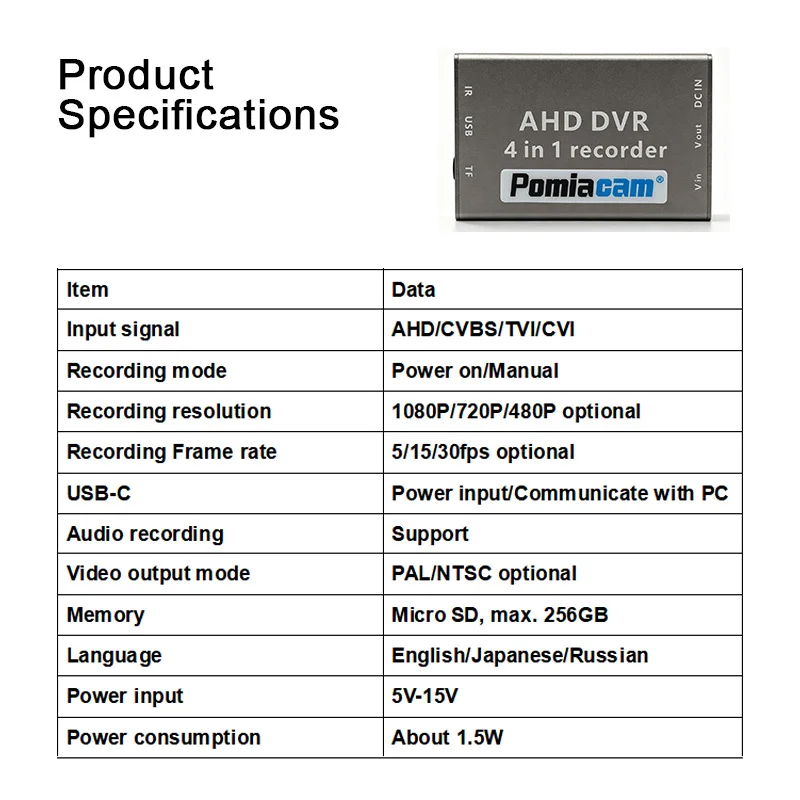 4 in 1 HD DVR Recorder 1080P CCTV Security Camera Video Recorder AHD TVI CVI CVBS Input Loop Recording CVBS Output OSD on/off