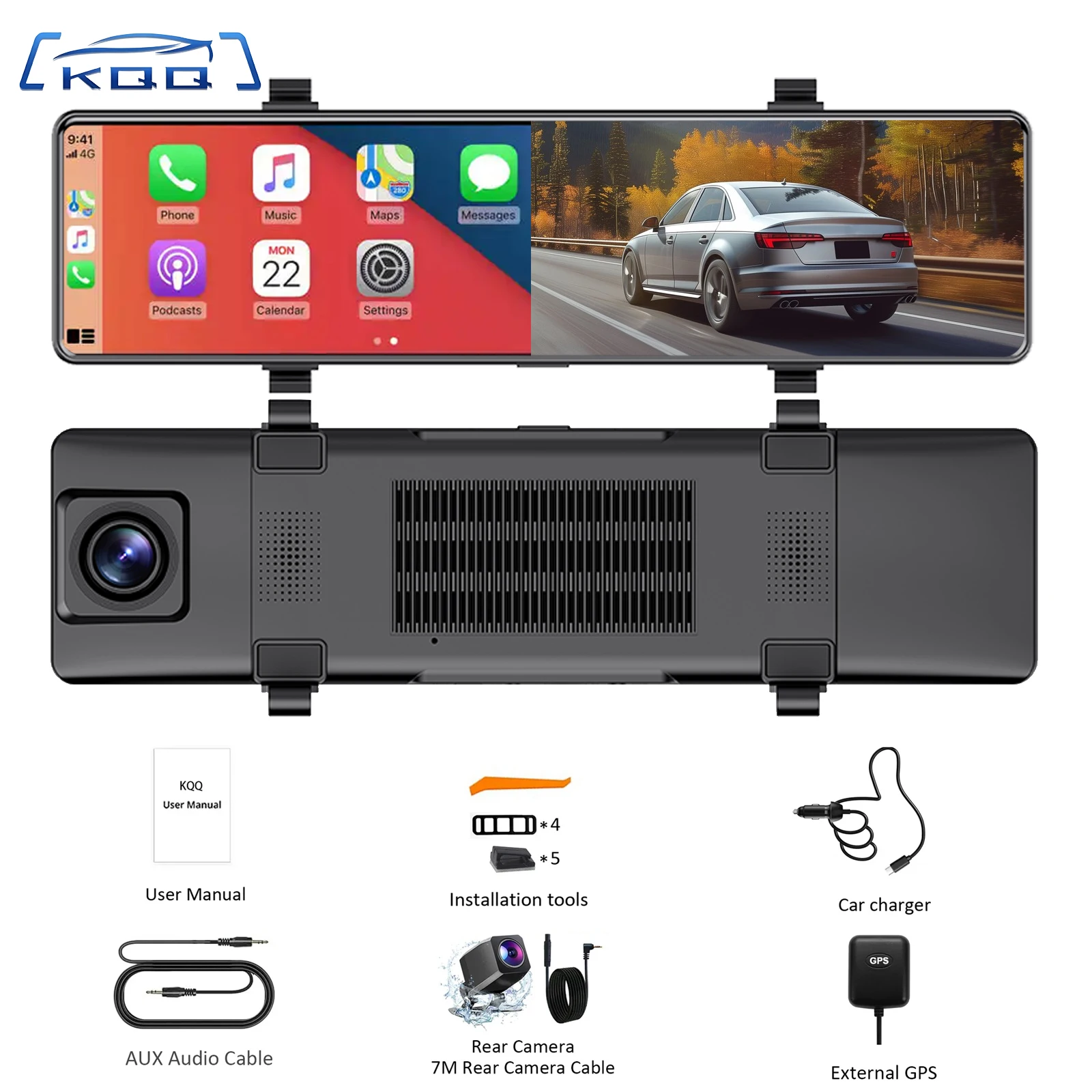 

KQQ 12" 4K Mirror Dash Cam with Wireless Carplay Android Auto WiFi Video Loop Recording Bluetooth GPS Navigation Voice Control