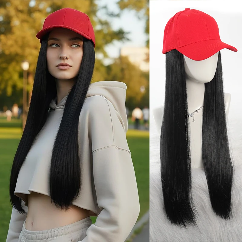 Adjustable Red Baseball Cap Wig Women Long Straight Synthetic Hair Hat Black Golden For Daily Wear Travel