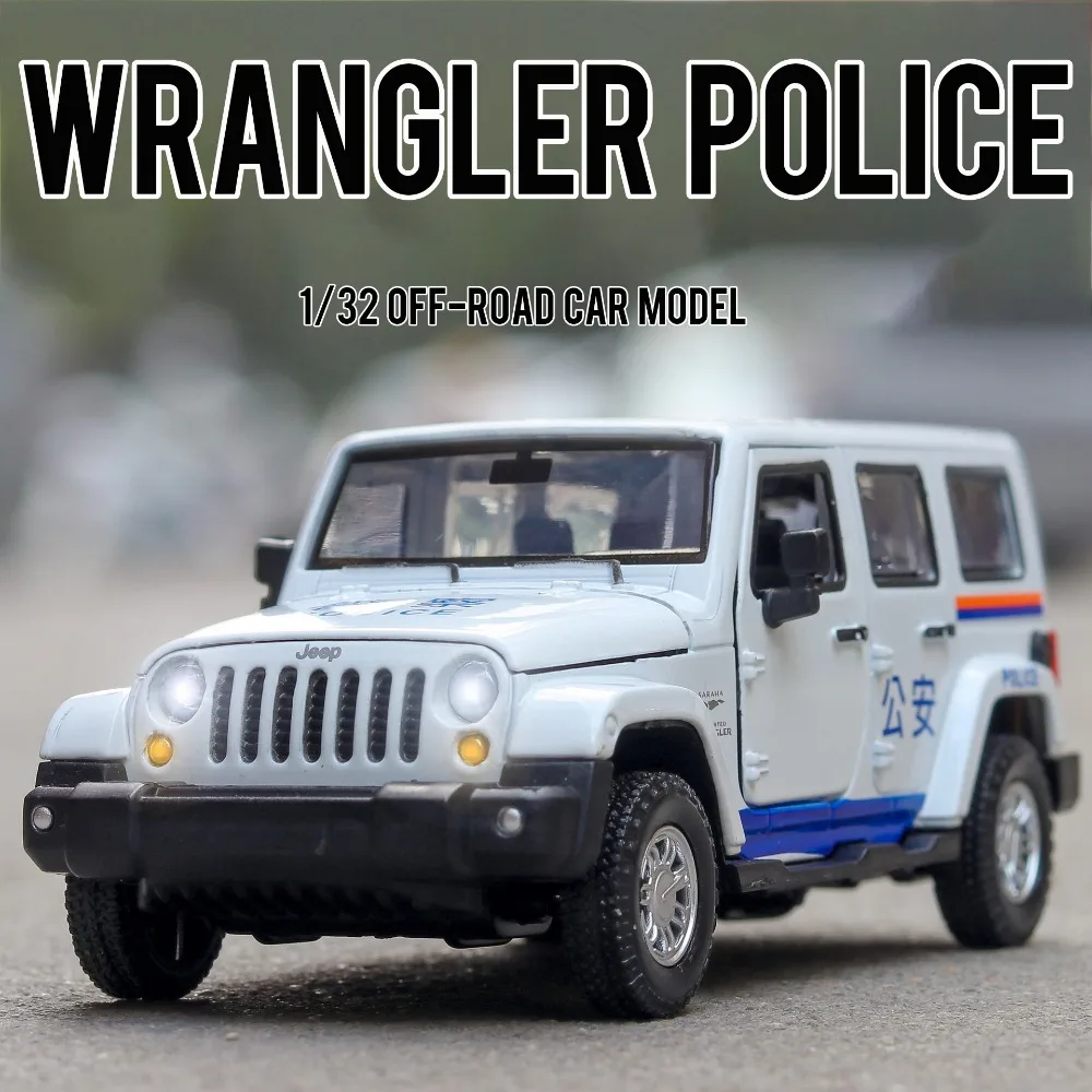 1:32 Scale Wrangler Rubicon Police Cars Models Alloy Diecast Toys 4 Doors Opened Car Wheel Pull Back Vehicles Anniversary Gifts