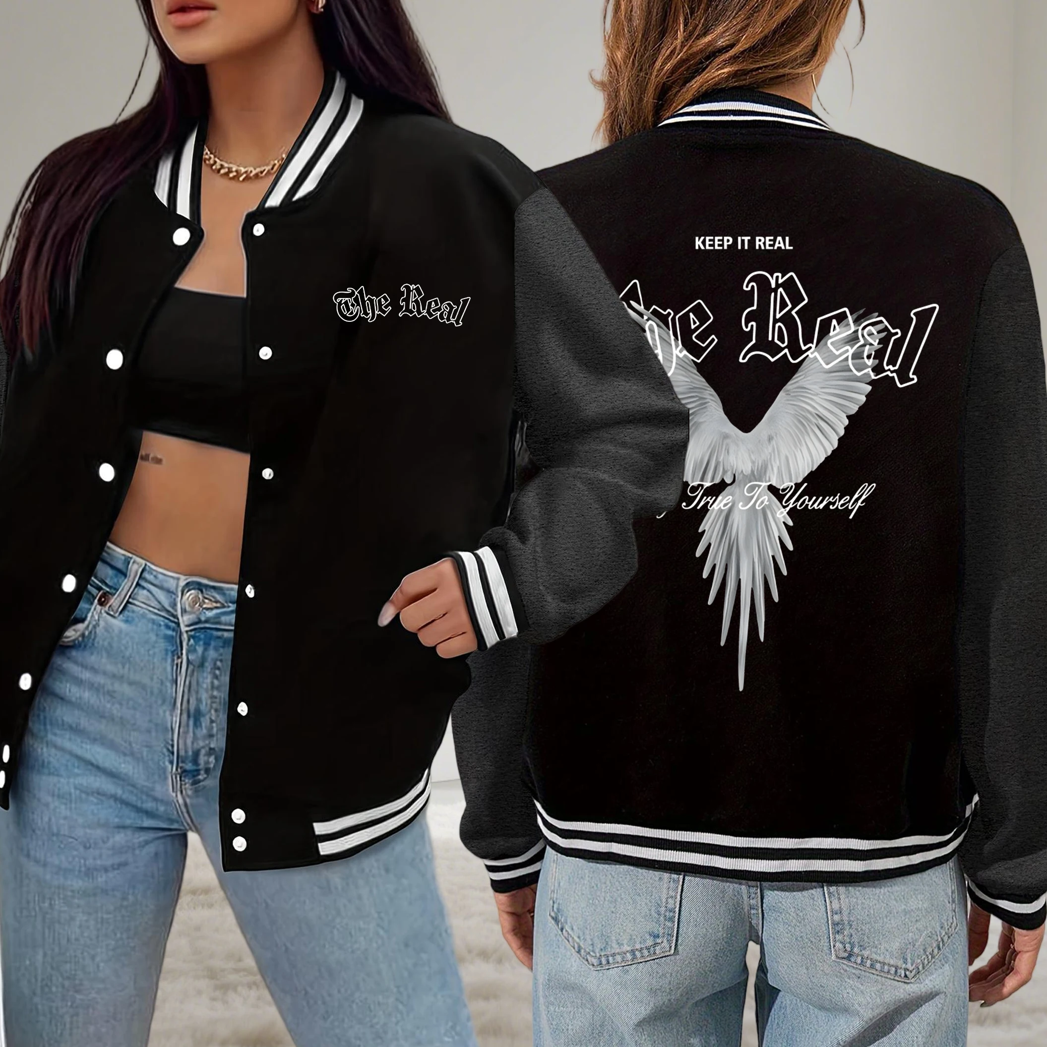 

Keep It The Real Wings Creative Print Female Baseball Uniform Hip Hop Fleece Streetwear Autumn Casual Clothing Women Jackets