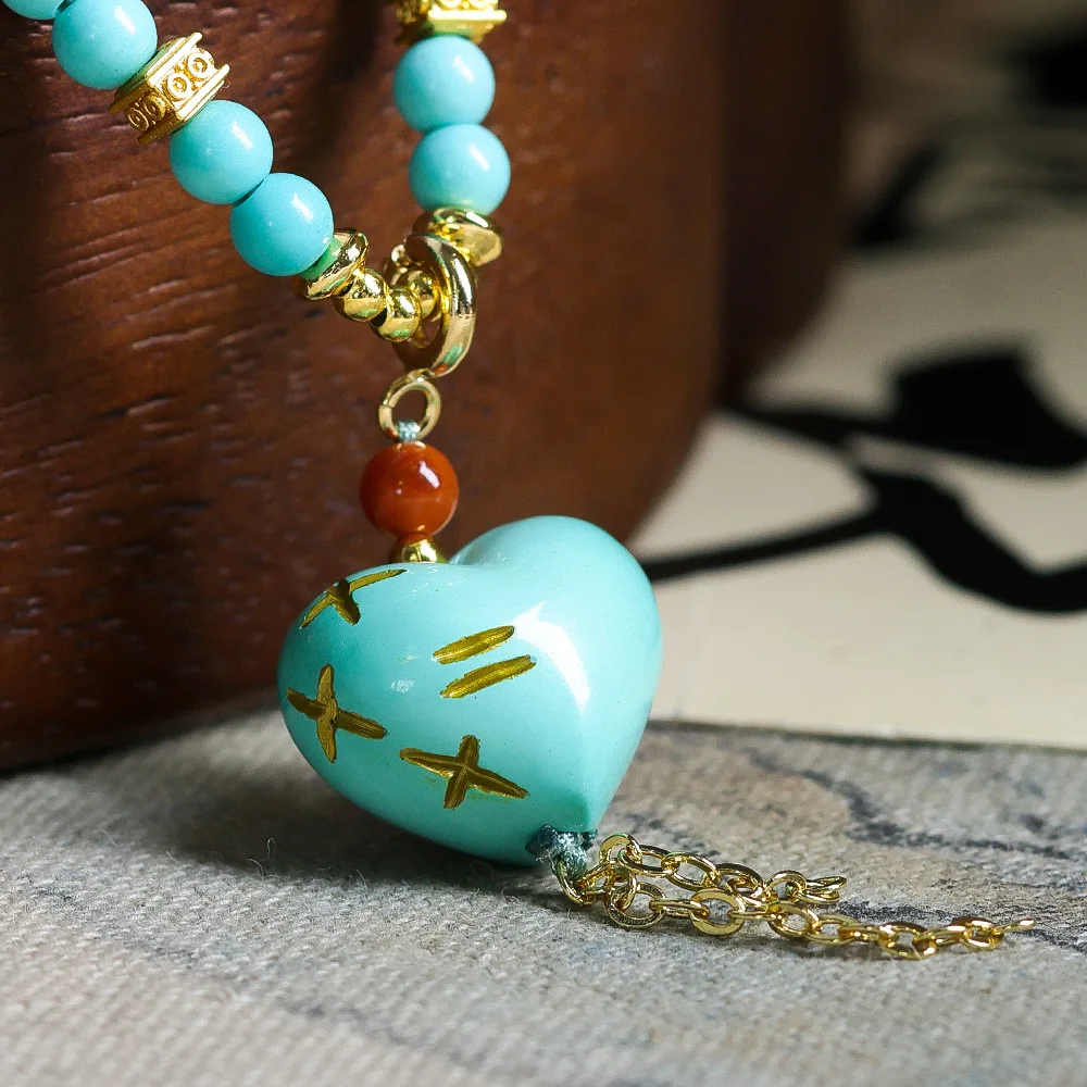 Original design magnesite turquoise love new Chinese necklace cultural toys beeswax national style jumper chain string