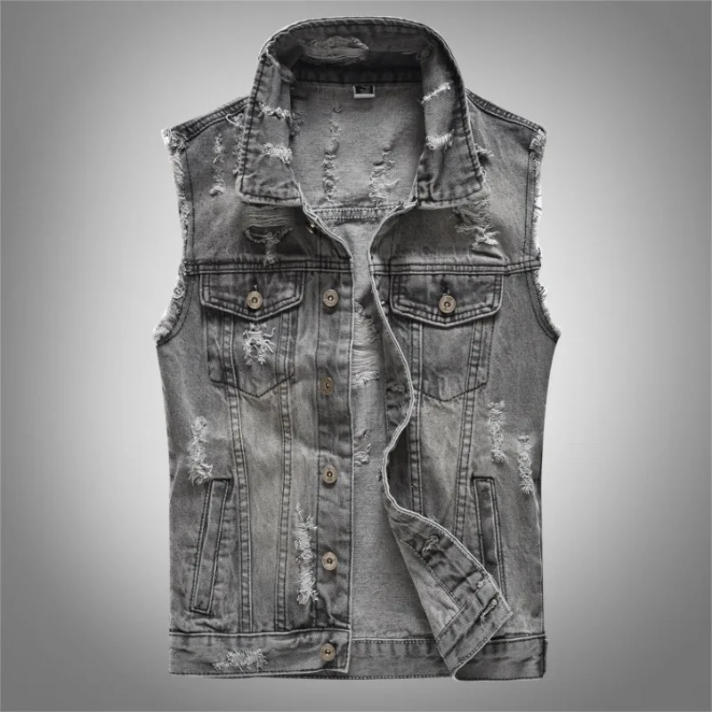 

New Fashion Men Retro Grey Denim Waistcoats Sleeveless Vests Jackets Denim Coats Vests Trendy Male Cotton Slim Jeans Waistcoats