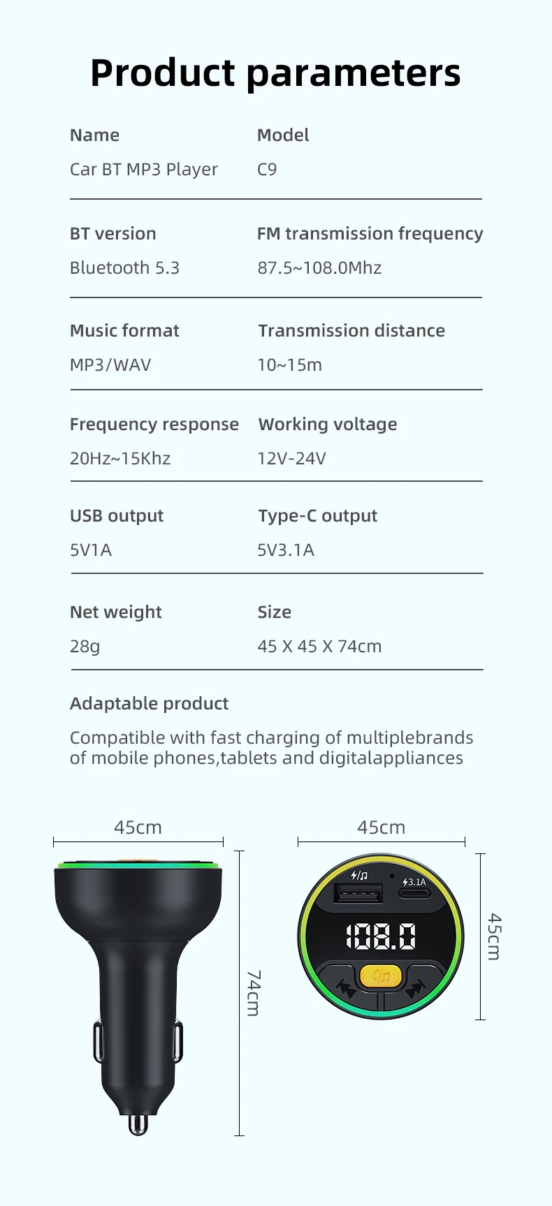 Auto FM Sender Bluetooth 5,3 Freisprecheinrichtung Wireless Car Kit USB C Auto Ladegerät Auto Radio FM Modulator MP3 Player Adapter – Detail 8
