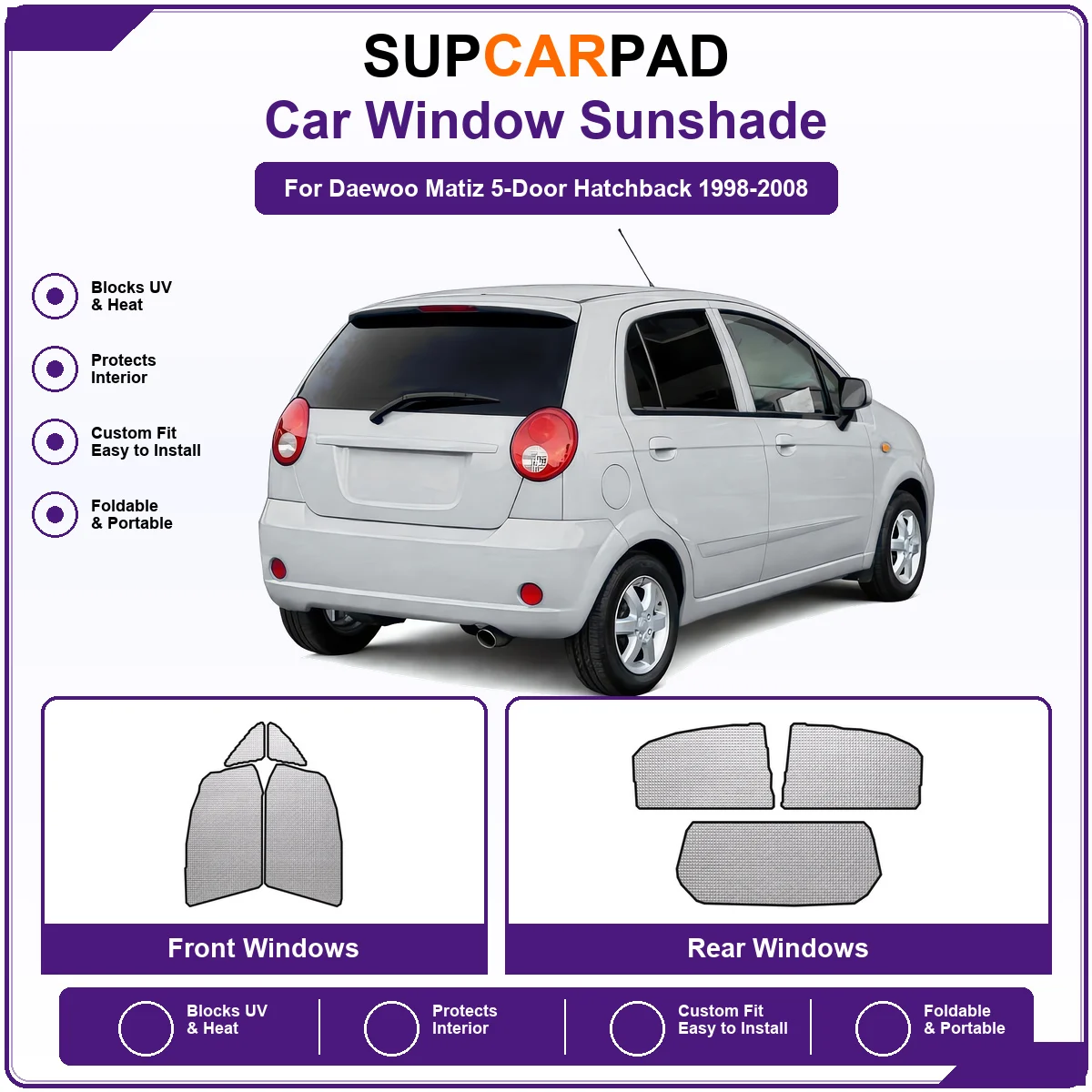 For Daewoo Matiz 5-Door Hatchback 1998-2008 Pre‑Cut Auto Window Sunshade Anti‑UV Car Sun Visor Protector