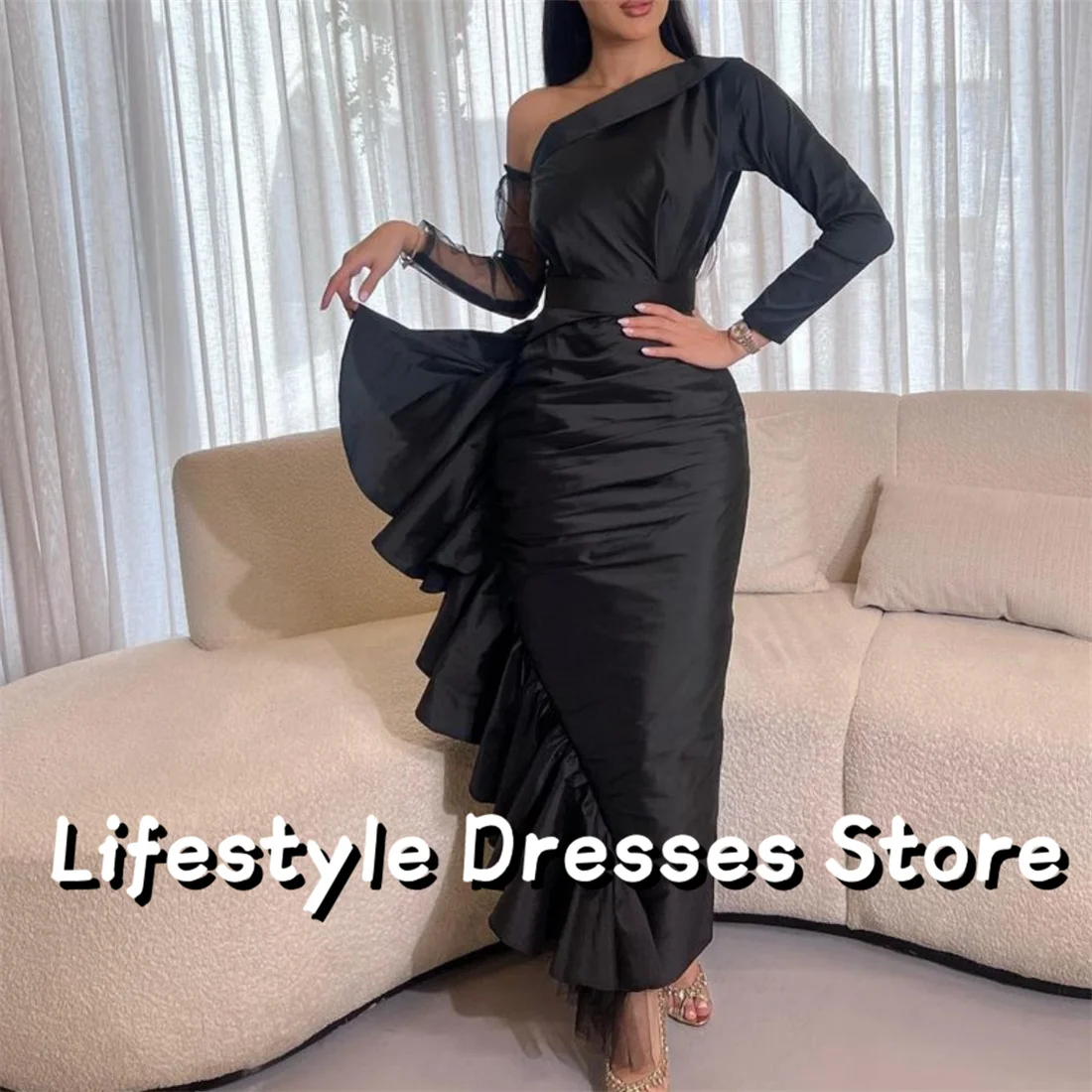 

Black Taffeta One-shoulder Prom Dresses Ruffles Long Sleeve Arabia Evening Dresses Party Gown vestidos para eventos especiales