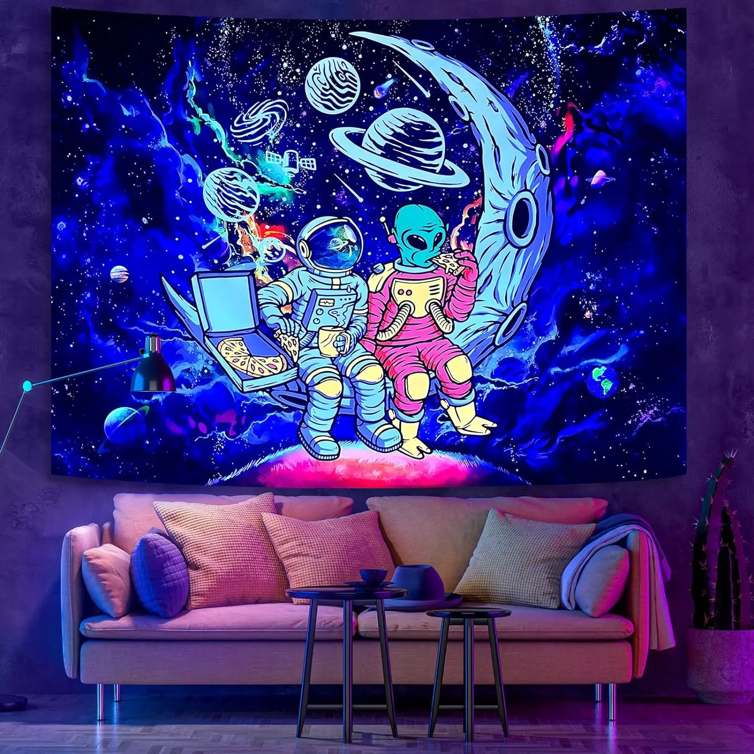 

Fun space astronaut alien tapestry, black light psychedelic galactic cosmic planet cool tapestry