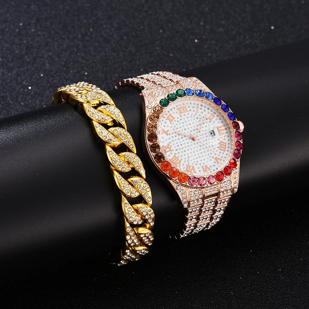 2pcs/set Watch Bracelet for Women Cuban Chain Bracelet Iced Out Watch for Women Luxury Colourful Jewelry Set Relojes Para Mujer