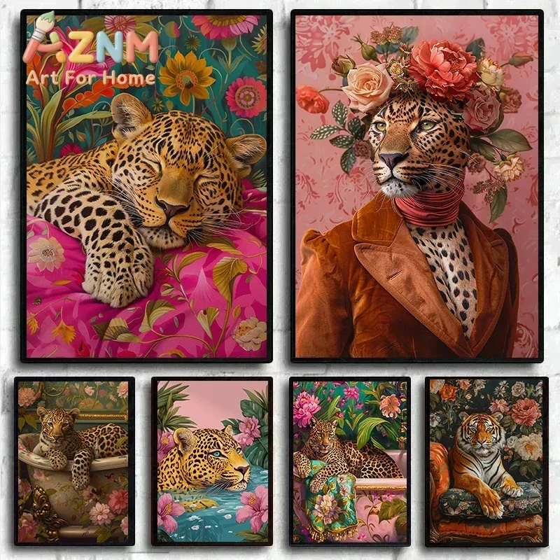 Vintage Floral Animal Head Aristocratic Portrait Leopard Duck Posters Prints Canvas Printing Wall Art Picture Living Room Decor