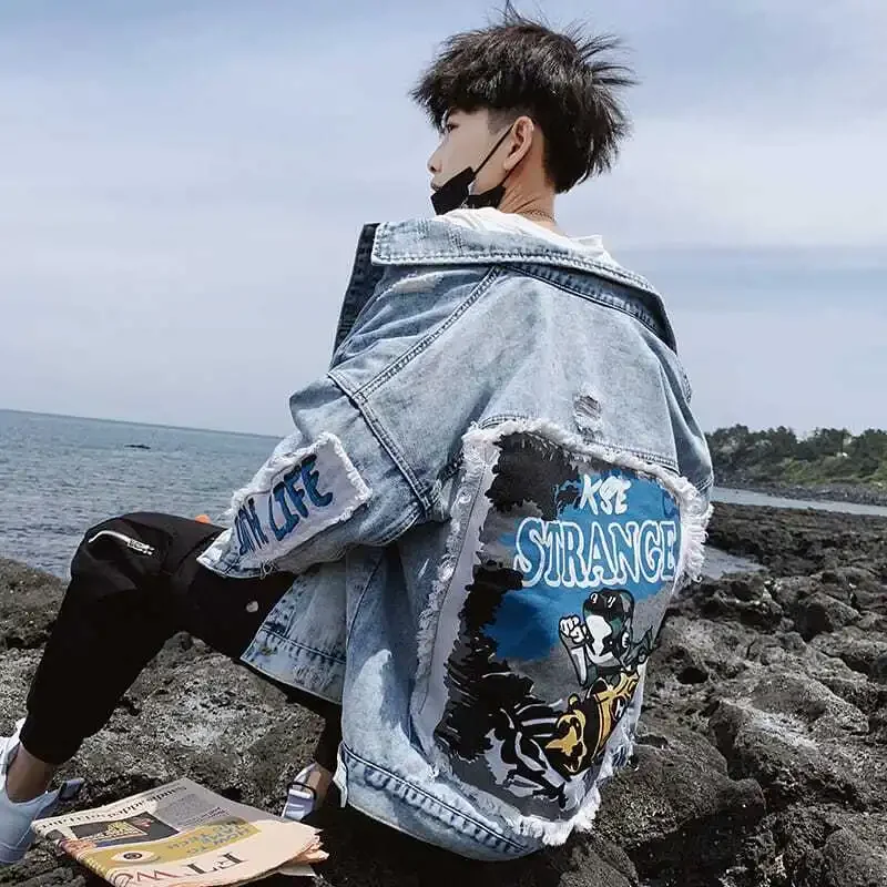 

GELITAYIN Denim Jackets Man Ripped Punk Cowboy Coat For Men Light With Hole Print Splicing Menswear Low Cost Winter Outerwear Or
