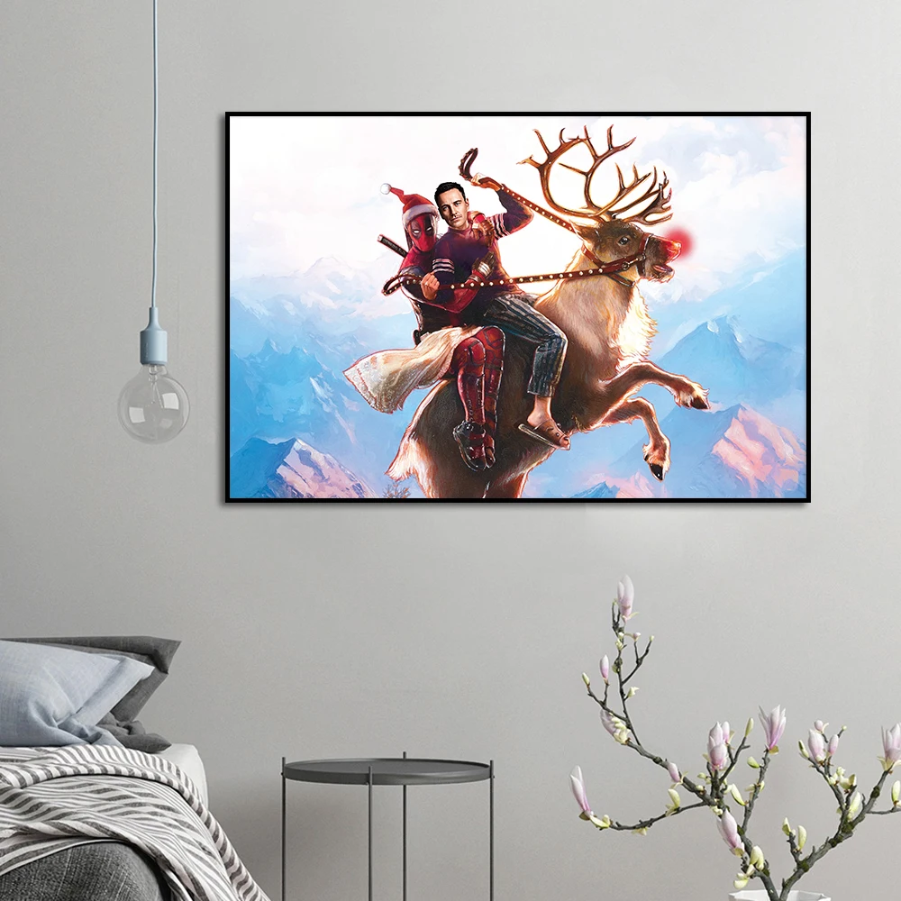 Riding Reindeer with Deadpool Painting Personalized Wall Art Canvas Print Customized Portrait Poster for Room Home Decor Picture