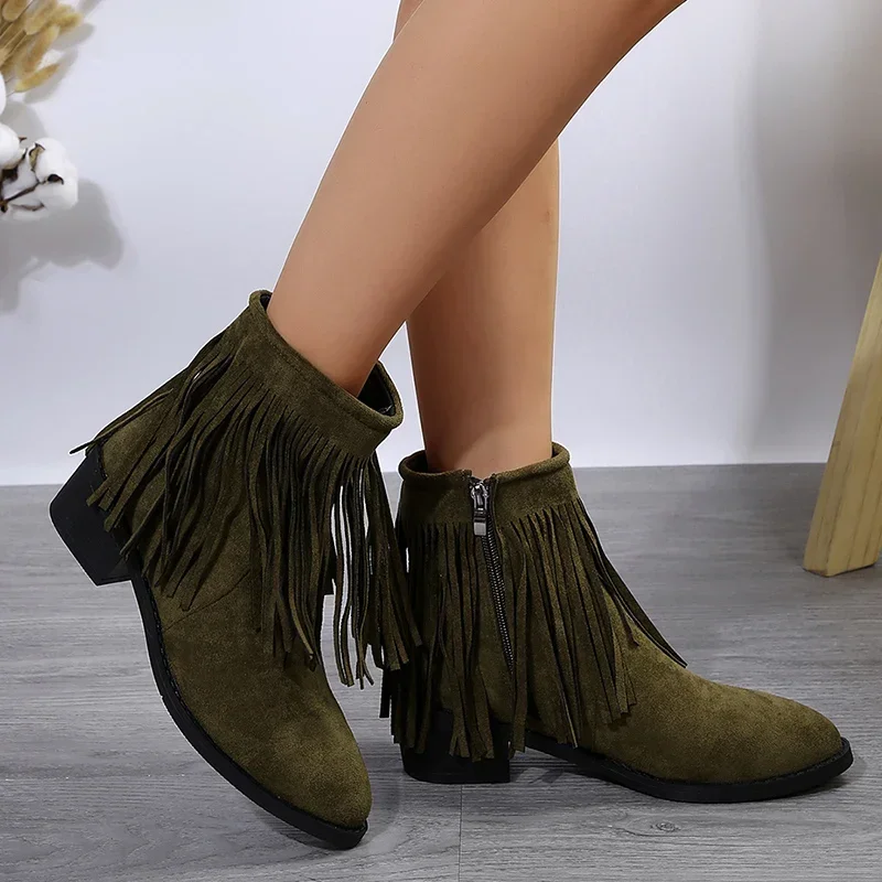 

Женские Винтажные ботинки на толстом каблуке, с бахромой